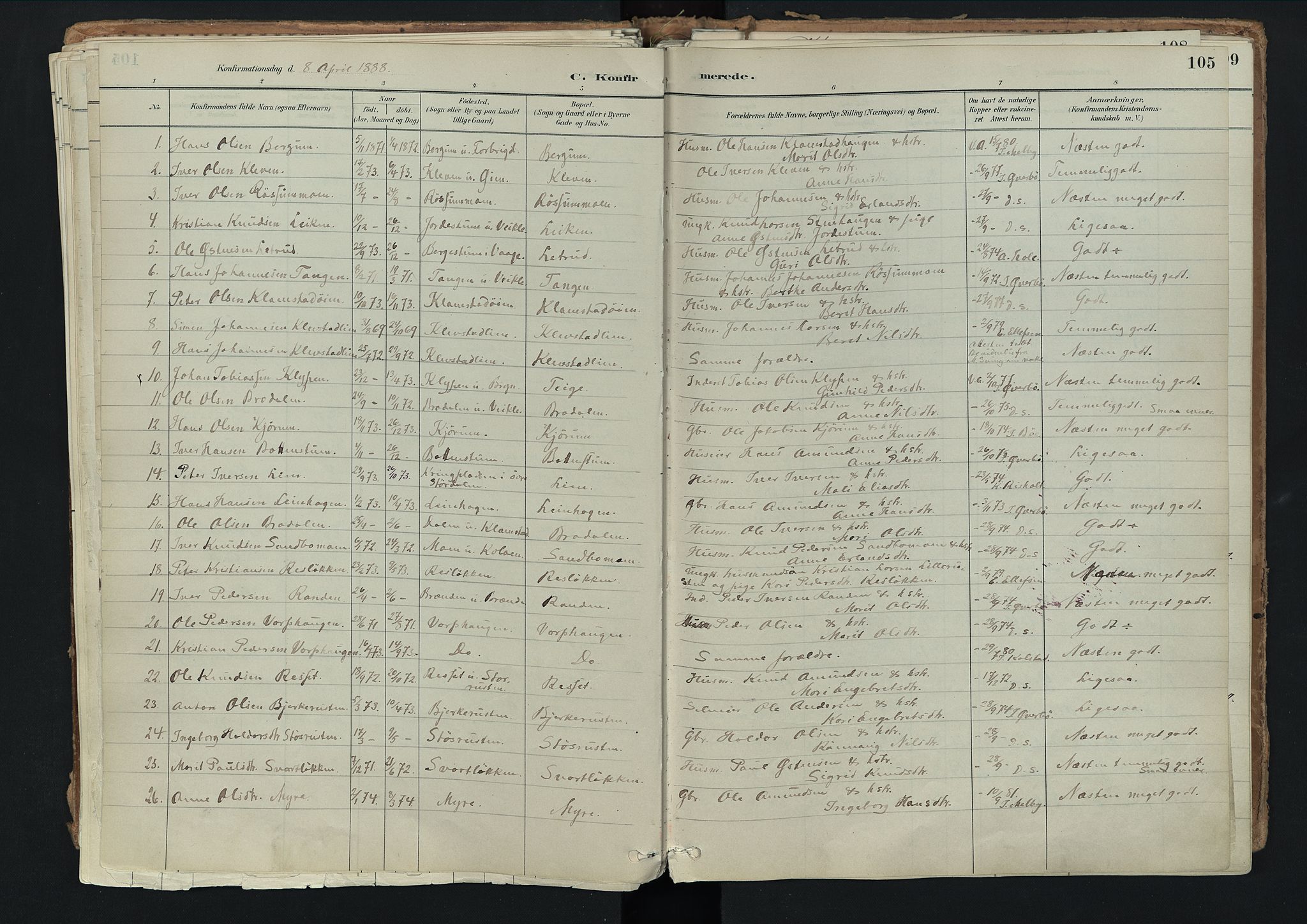Nord-Fron prestekontor, SAH/PREST-080/H/Ha/Haa/L0003: Parish register (official) no. 3, 1884-1914, p. 105