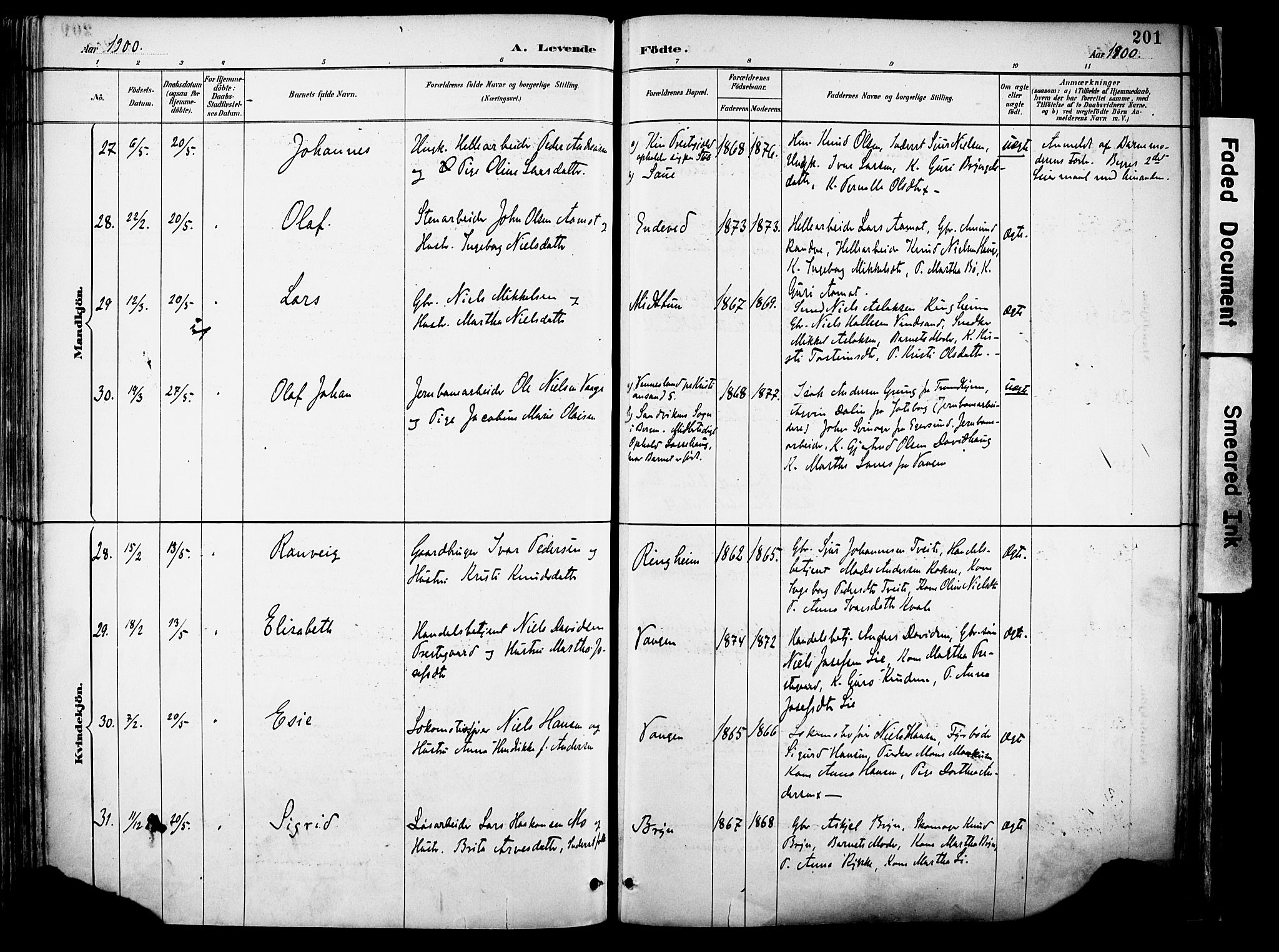 Voss sokneprestembete, SAB/A-79001/H/Haa: Parish register (official) no. A 21, 1887-1903, p. 201