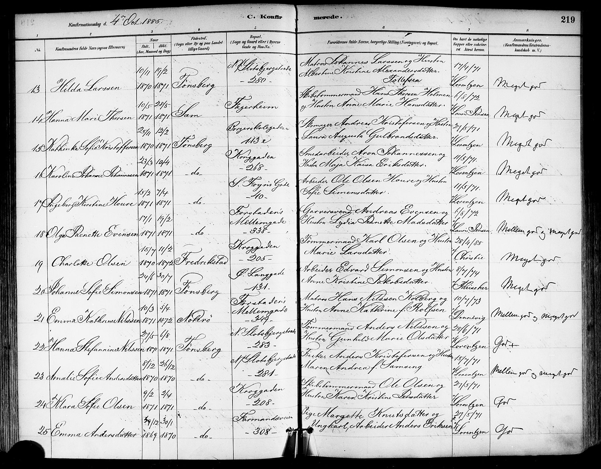 Tønsberg kirkebøker, AV/SAKO-A-330/F/Fa/L0011: Parish register (official) no. I 11, 1881-1890, p. 219