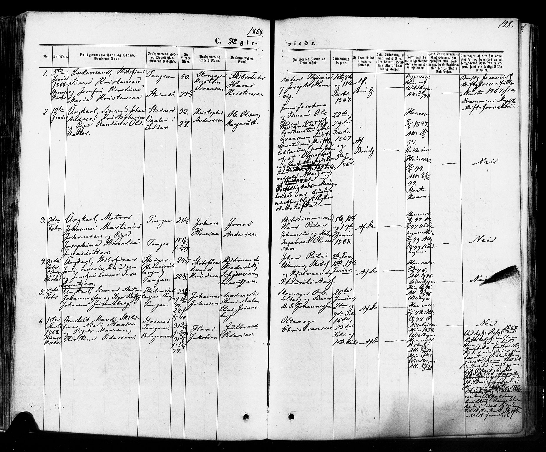 Strømsø kirkebøker, AV/SAKO-A-246/F/Fa/L0018: Parish register (official) no. I 18, 1865-1878, p. 128