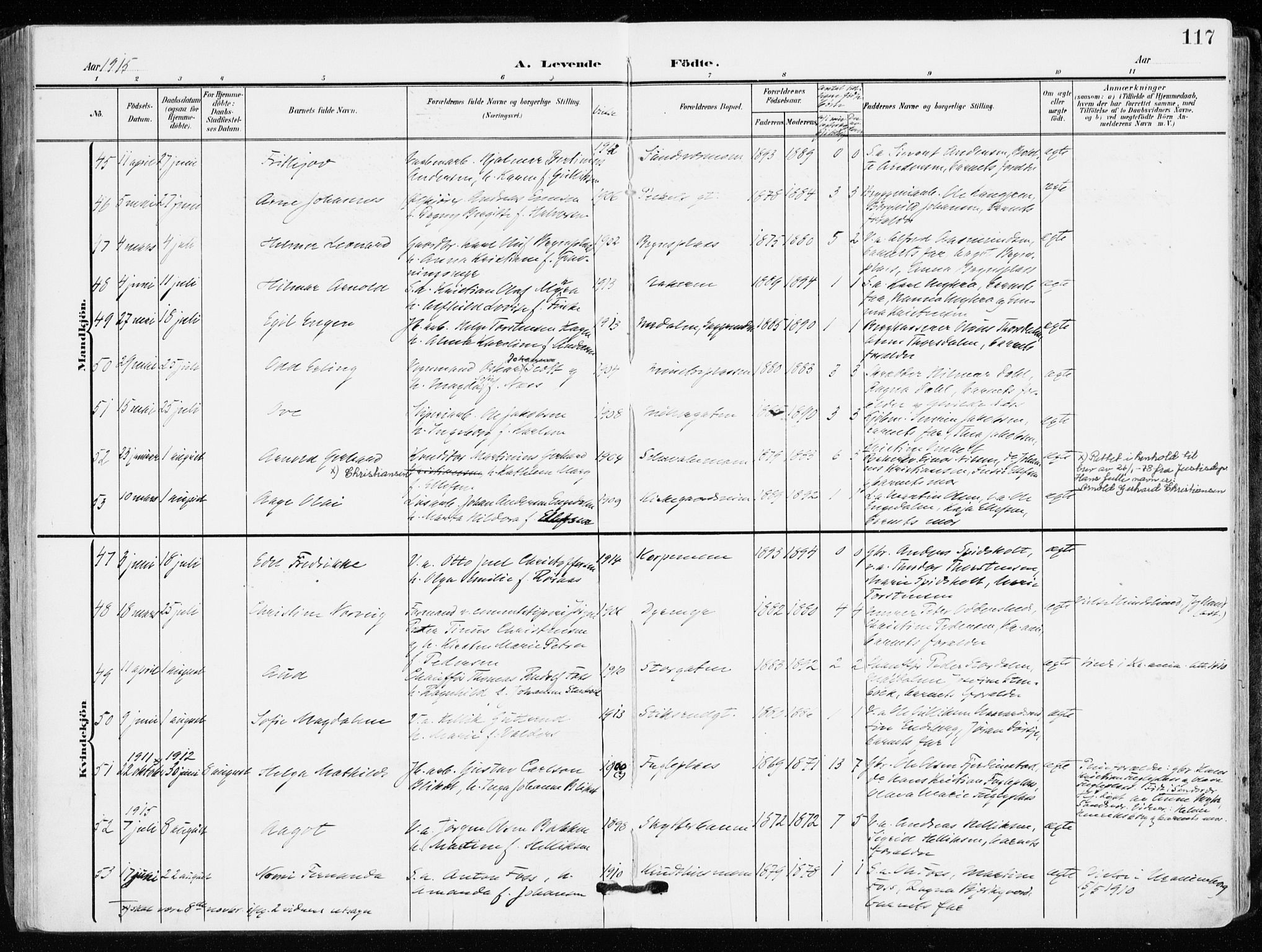 Kongsberg kirkebøker, AV/SAKO-A-22/F/Fb/L0004: Parish register (official) no. II 4, 1906-1918, p. 117