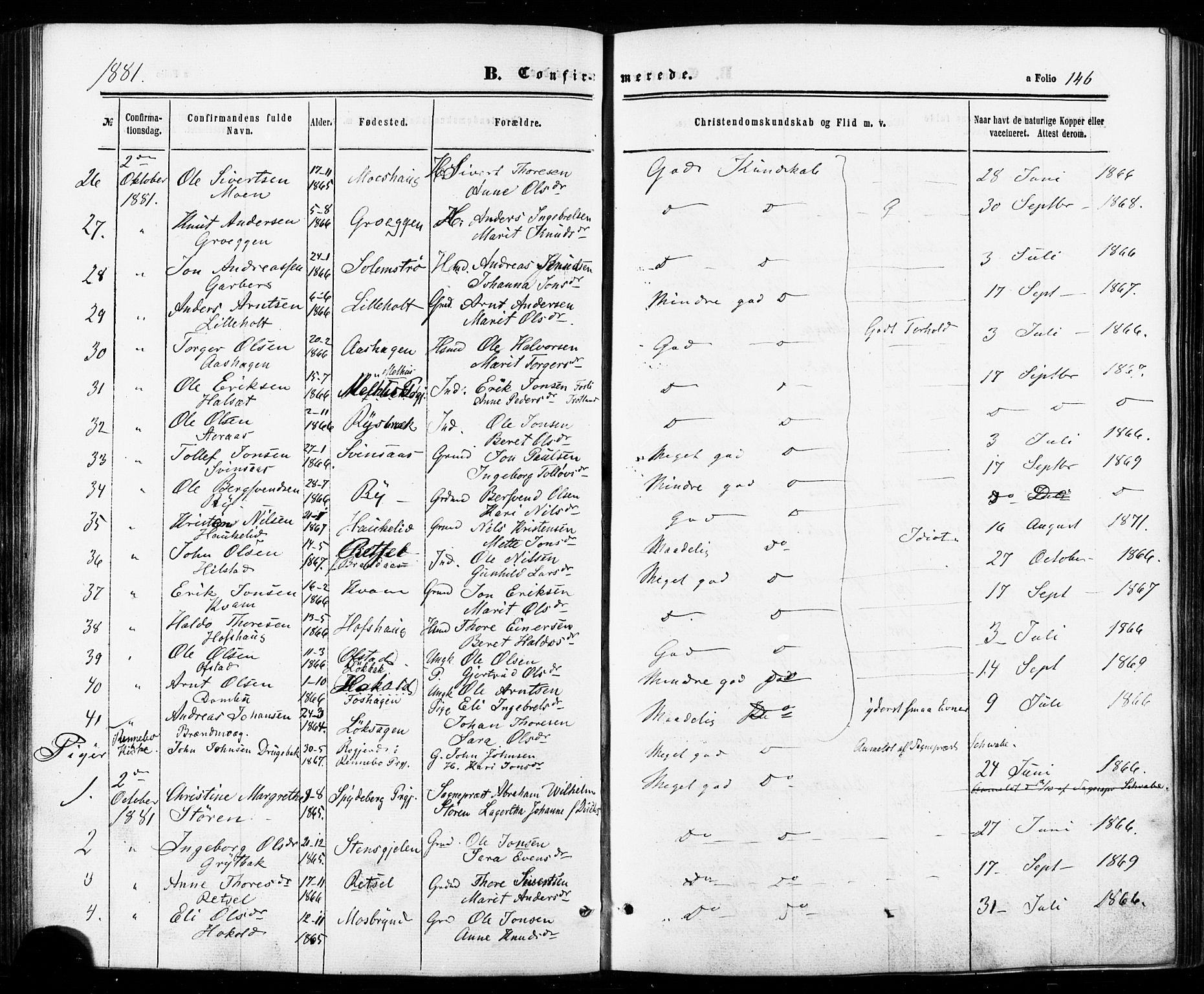 Ministerialprotokoller, klokkerbøker og fødselsregistre - Sør-Trøndelag, AV/SAT-A-1456/672/L0856: Parish register (official) no. 672A08, 1861-1881, p. 146