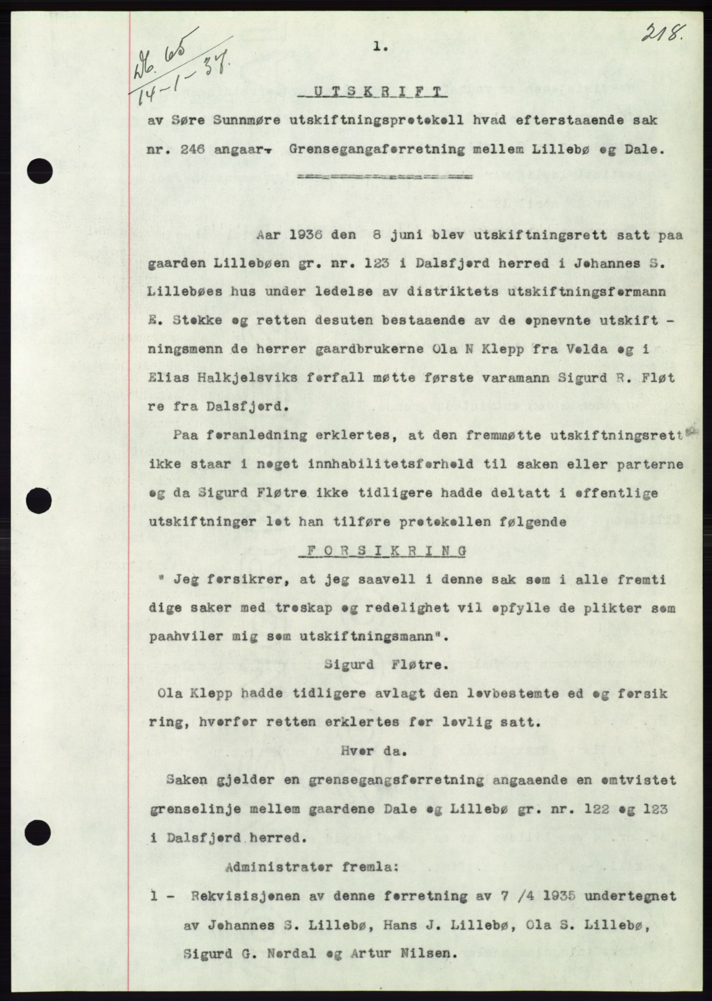 Søre Sunnmøre sorenskriveri, AV/SAT-A-4122/1/2/2C/L0062: Mortgage book no. 56, 1936-1937, Diary no: : 65/1937