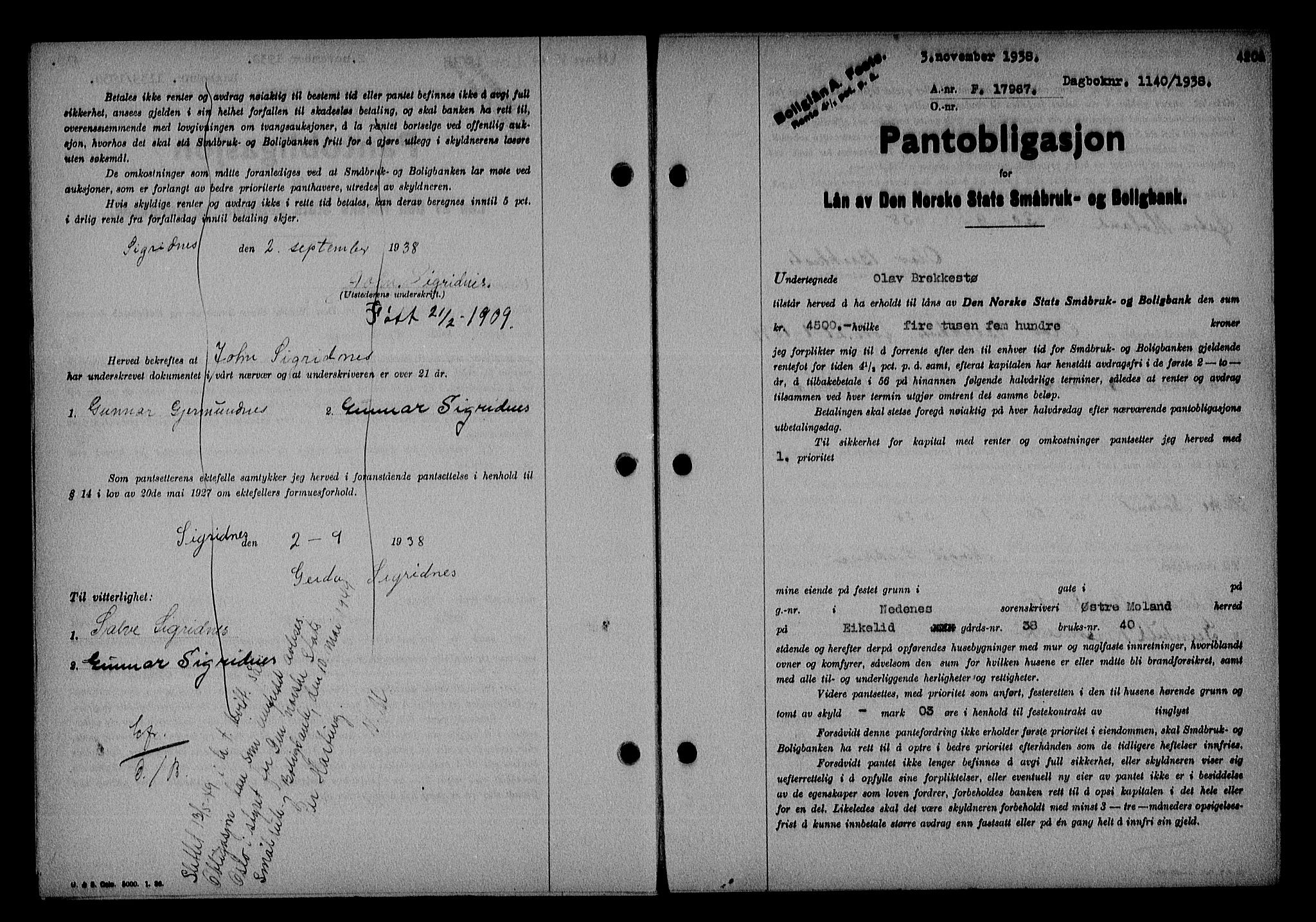 Nedenes sorenskriveri, SAK/1221-0006/G/Gb/Gba/L0045: Mortgage book no. 41, 1938-1938, Diary no: : 1140/1938