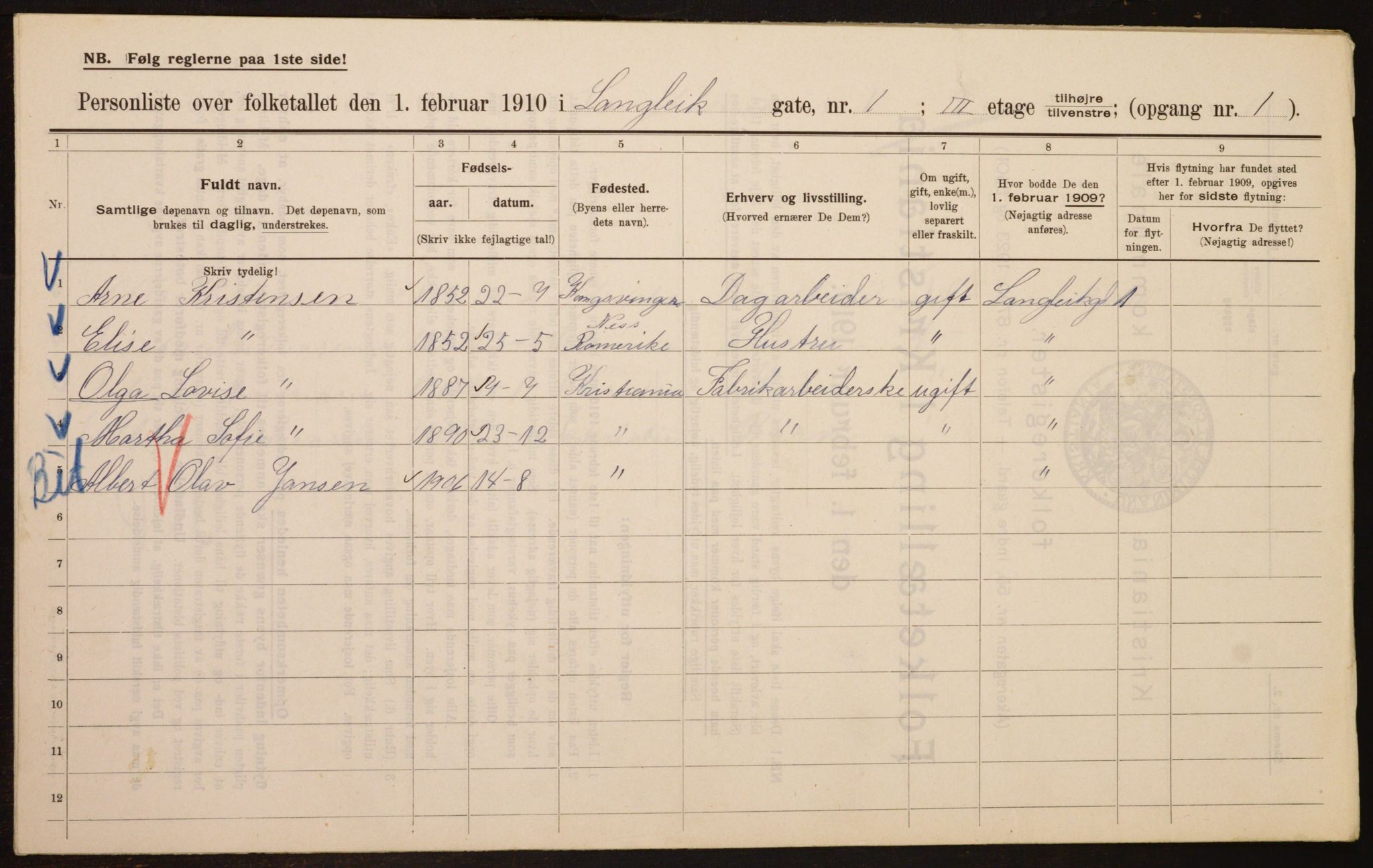 OBA, Municipal Census 1910 for Kristiania, 1910, p. 54889