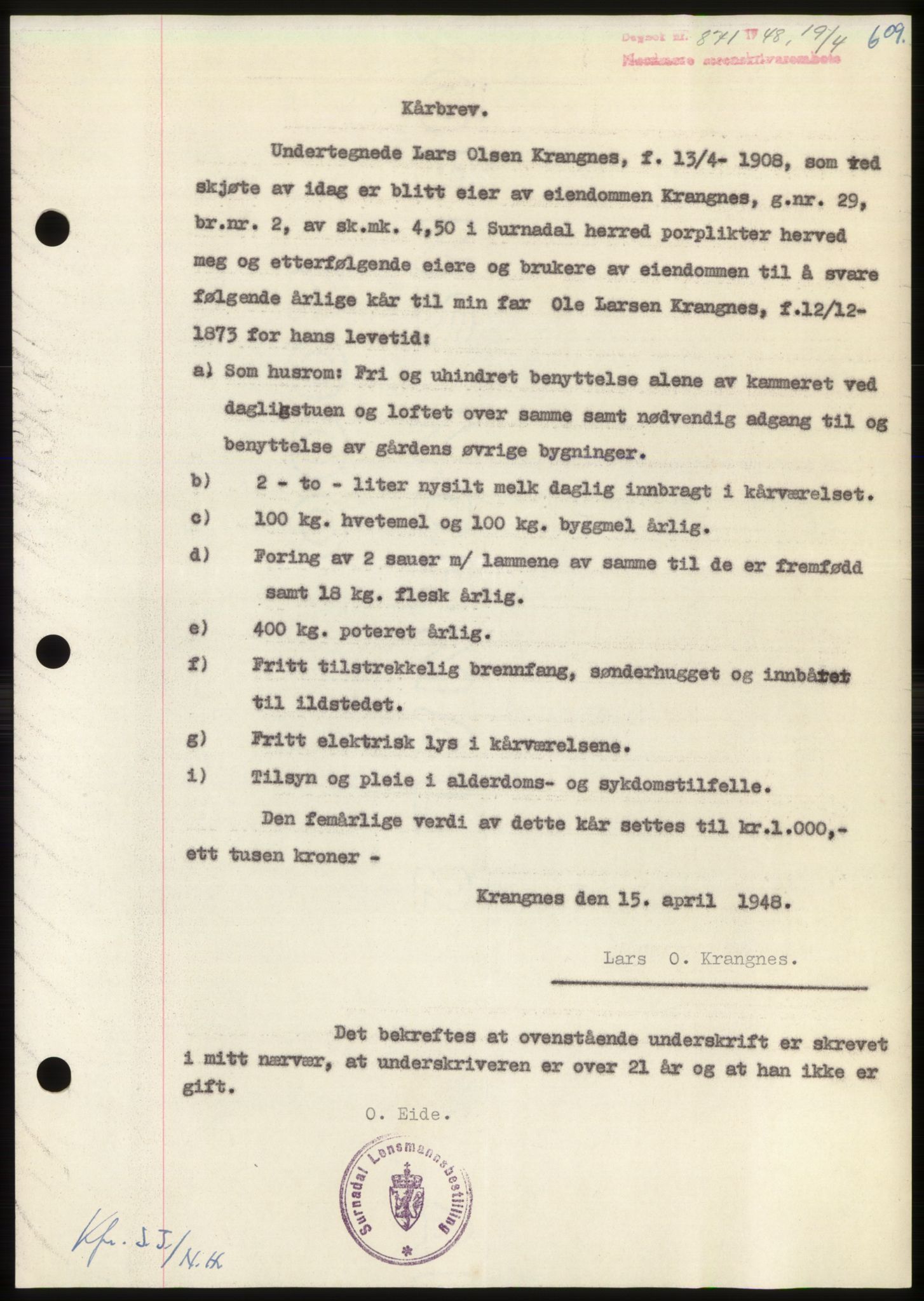 Nordmøre sorenskriveri, AV/SAT-A-4132/1/2/2Ca: Mortgage book no. B98, 1948-1948, Diary no: : 871/1948