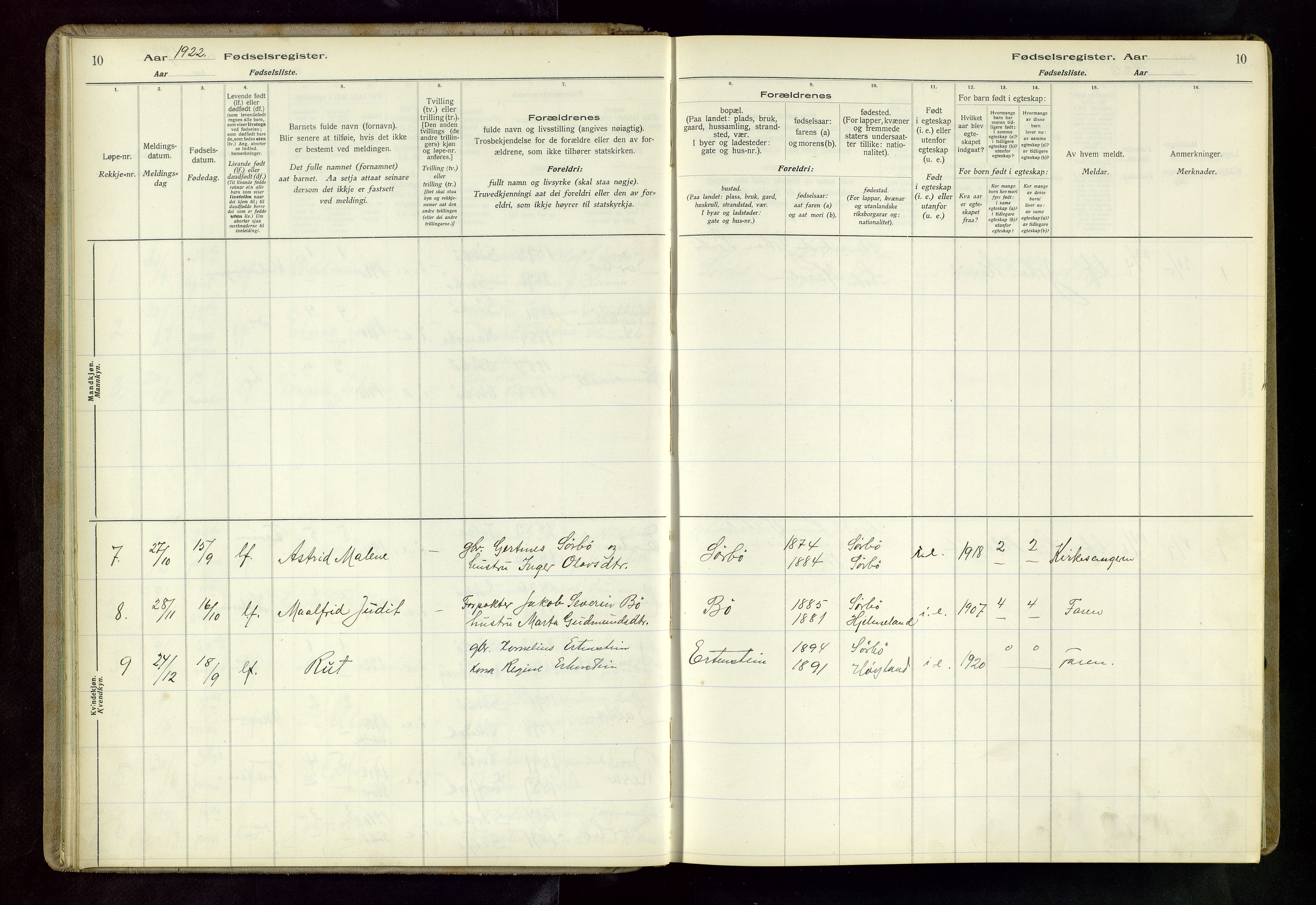 Rennesøy sokneprestkontor, AV/SAST-A -101827/I/Id/L0003: Birth register no. 3, 1916-1982, p. 10