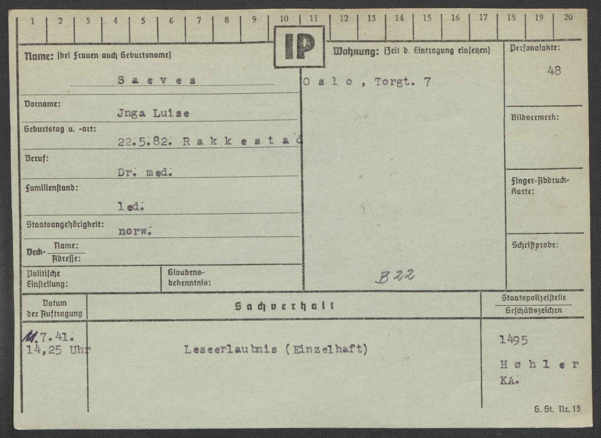 Befehlshaber der Sicherheitspolizei und des SD, AV/RA-RAFA-5969/E/Ea/Eaa/L0009: Register over norske fanger i Møllergata 19: Ru-Sy, 1940-1945, p. 234