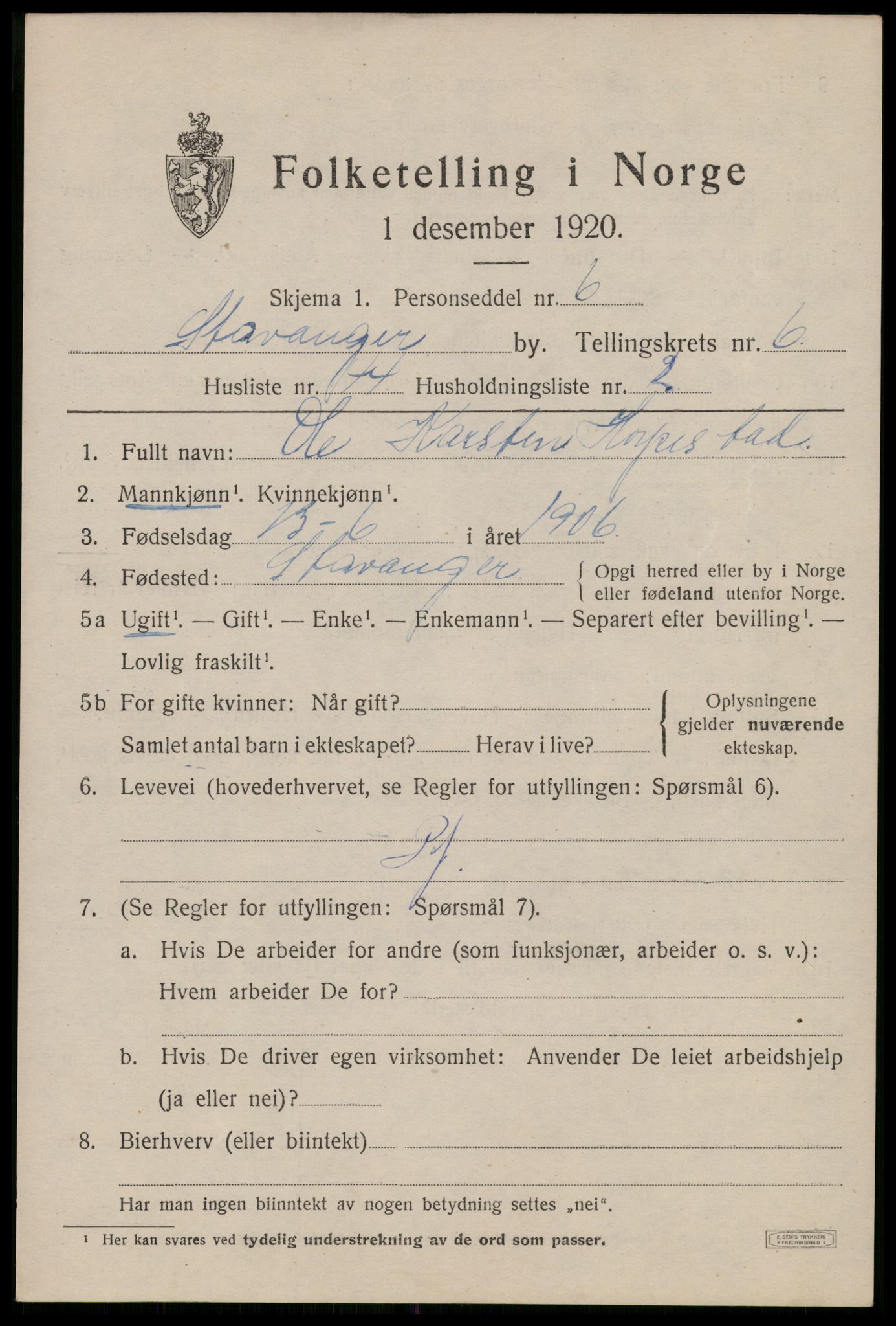 SAST, 1920 census for Stavanger, 1920, p. 43142