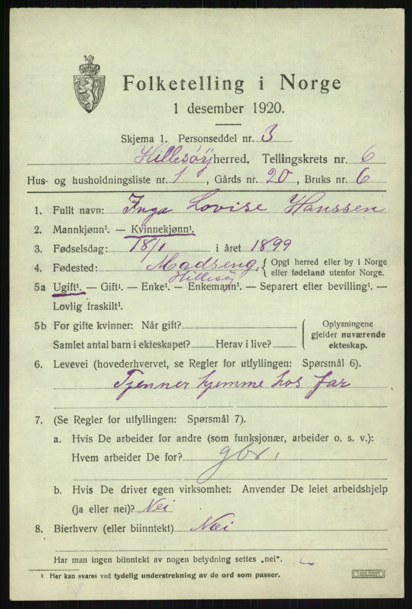 SATØ, 1920 census for Hillesøy, 1920, p. 2907