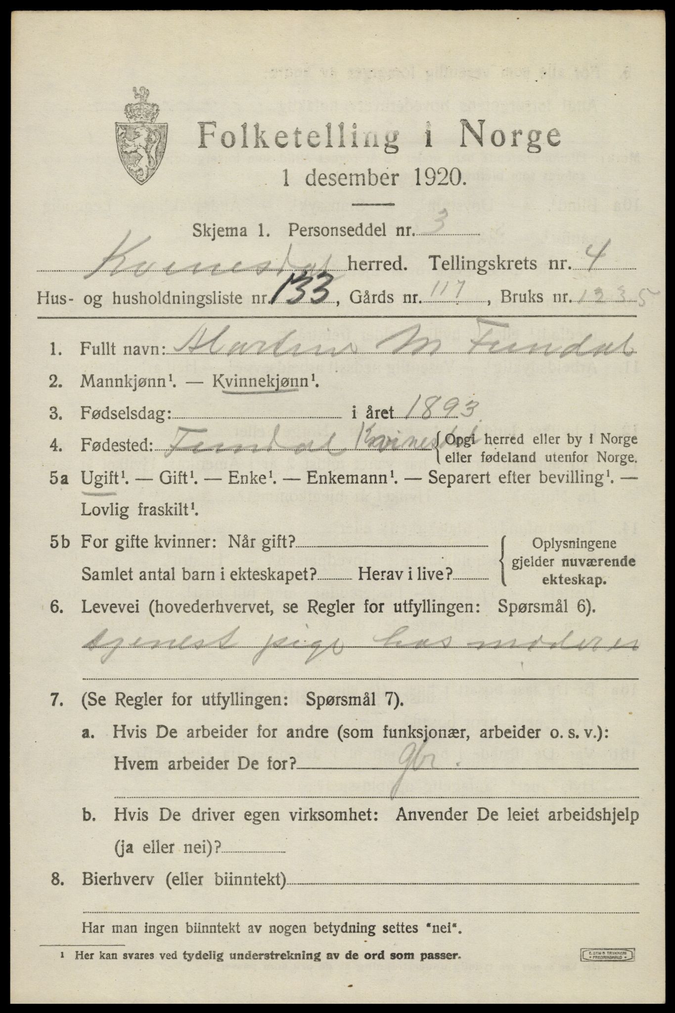 SAK, 1920 census for Kvinesdal, 1920, p. 5695