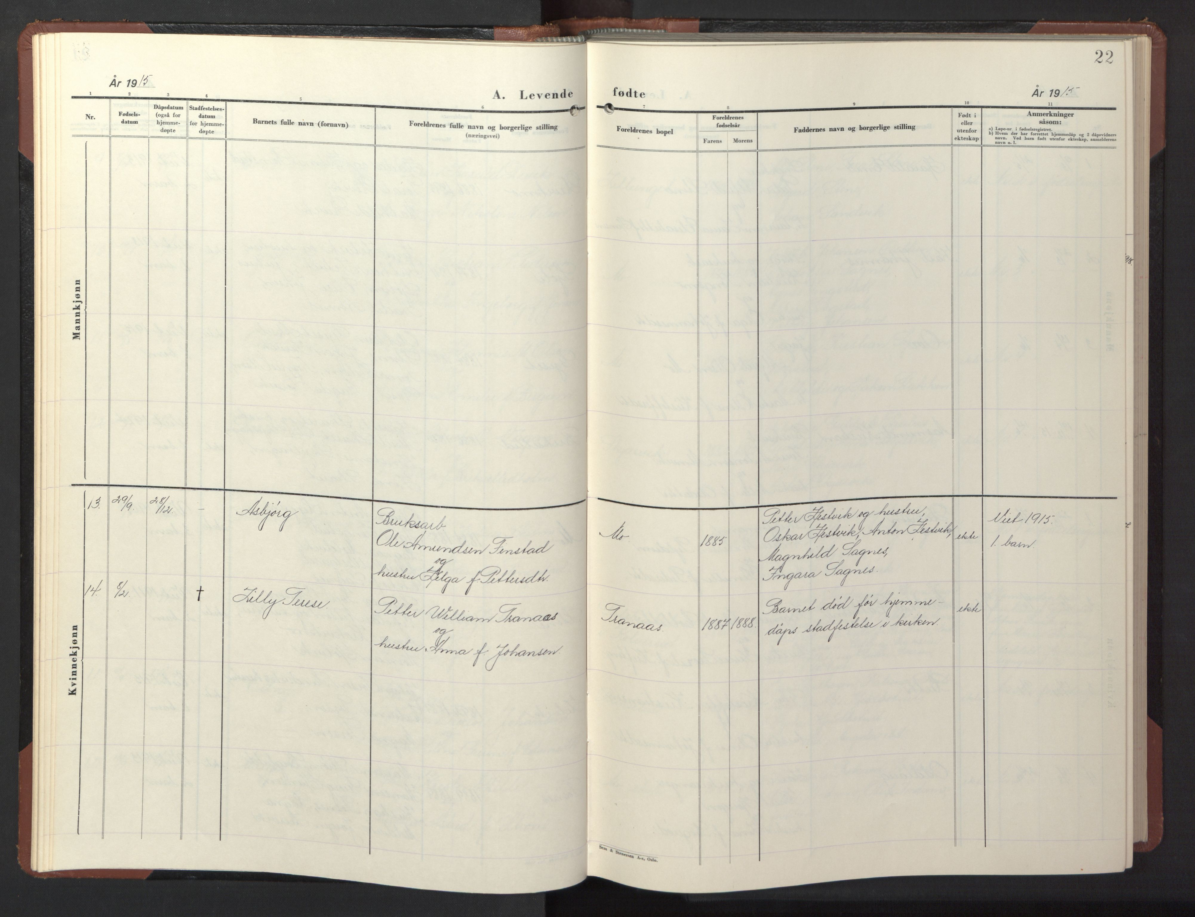Ministerialprotokoller, klokkerbøker og fødselsregistre - Nord-Trøndelag, SAT/A-1458/773/L0625: Parish register (copy) no. 773C01, 1910-1952, p. 22