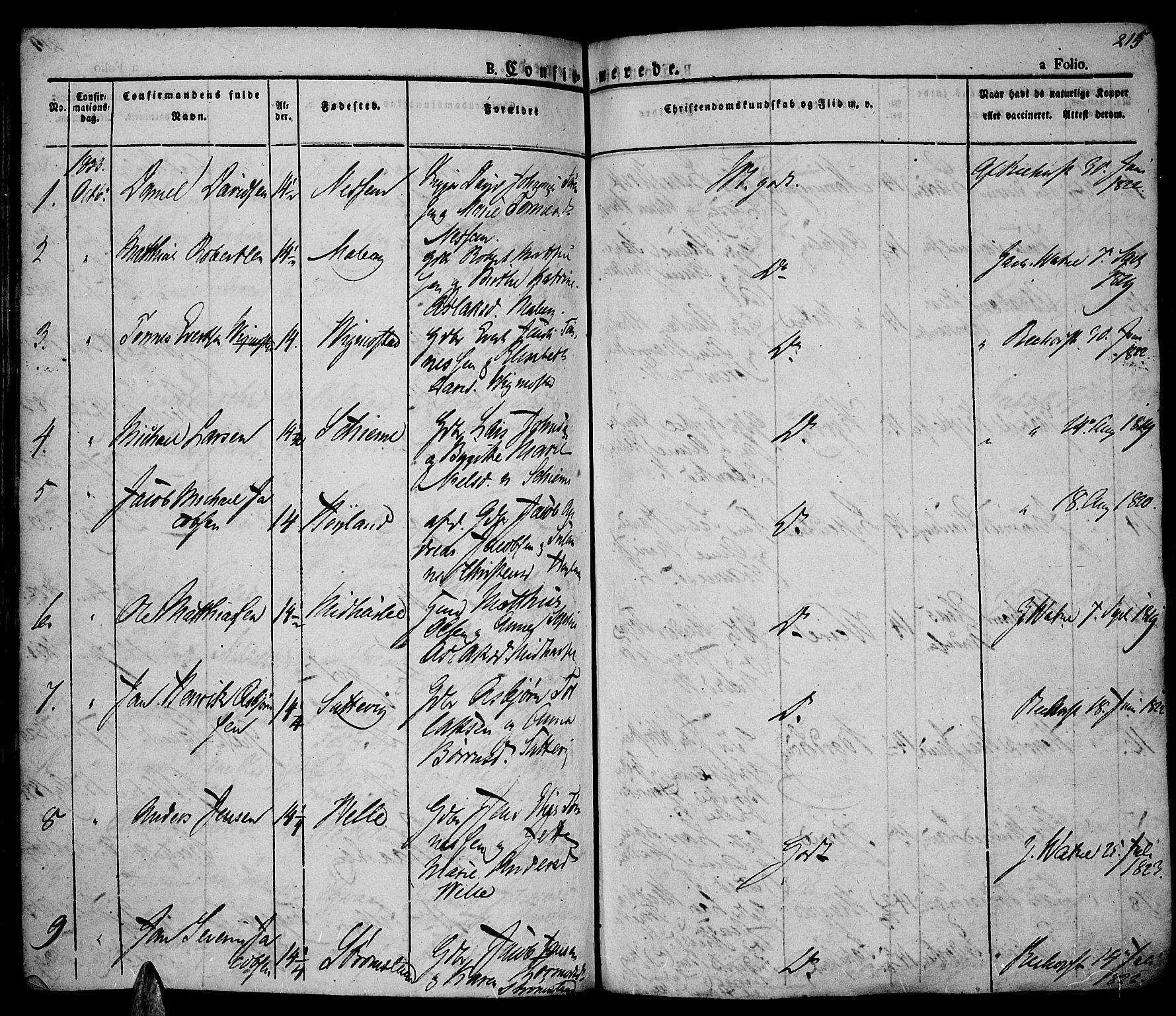 Lista sokneprestkontor, AV/SAK-1111-0027/F/Fa/L0008: Parish register (official) no. A 8, 1823-1835, p. 215