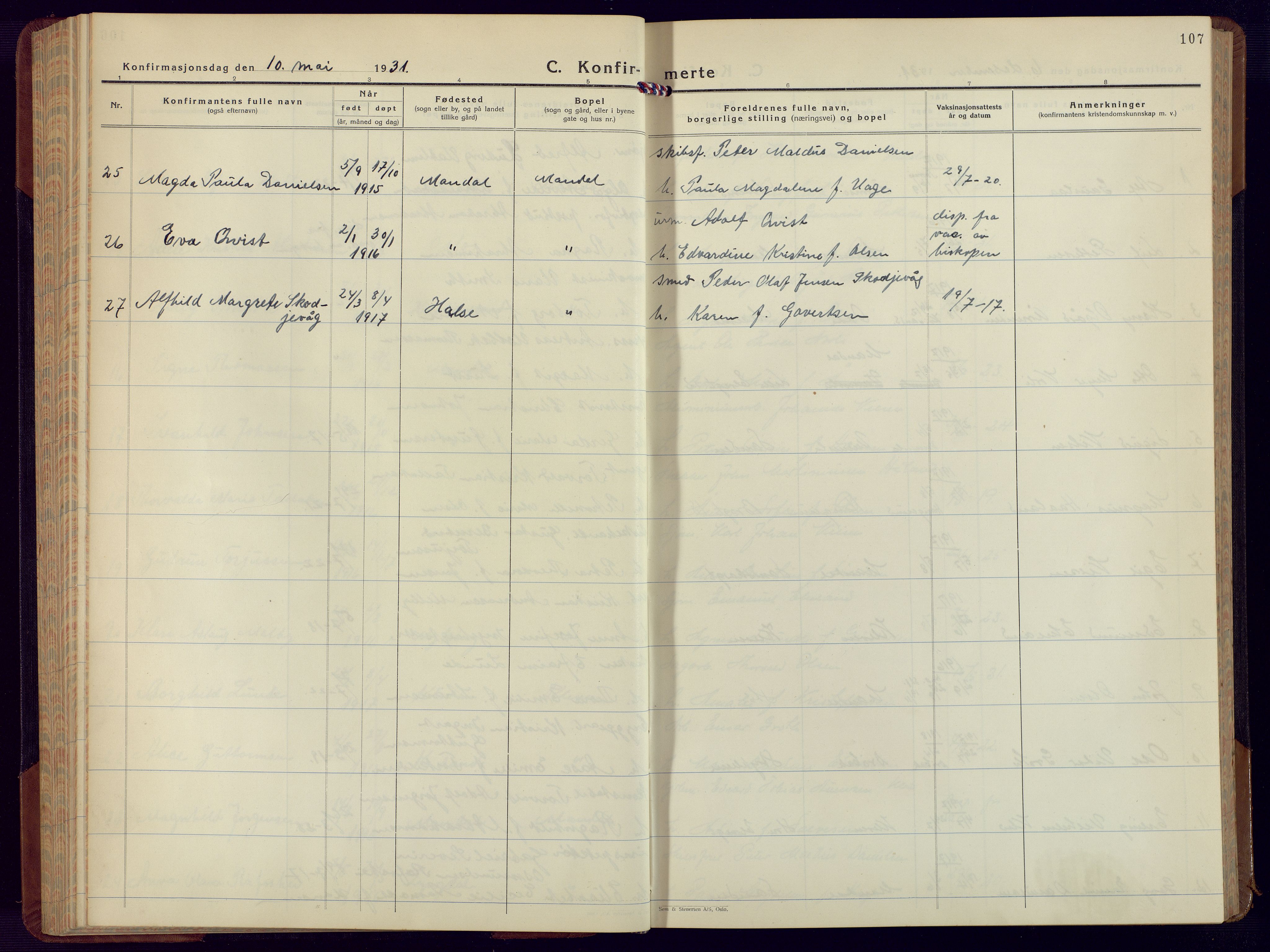 Mandal sokneprestkontor, SAK/1111-0030/F/Fb/Fbc/L0002: Parish register (copy) no. B 2, 1931-1949, p. 107