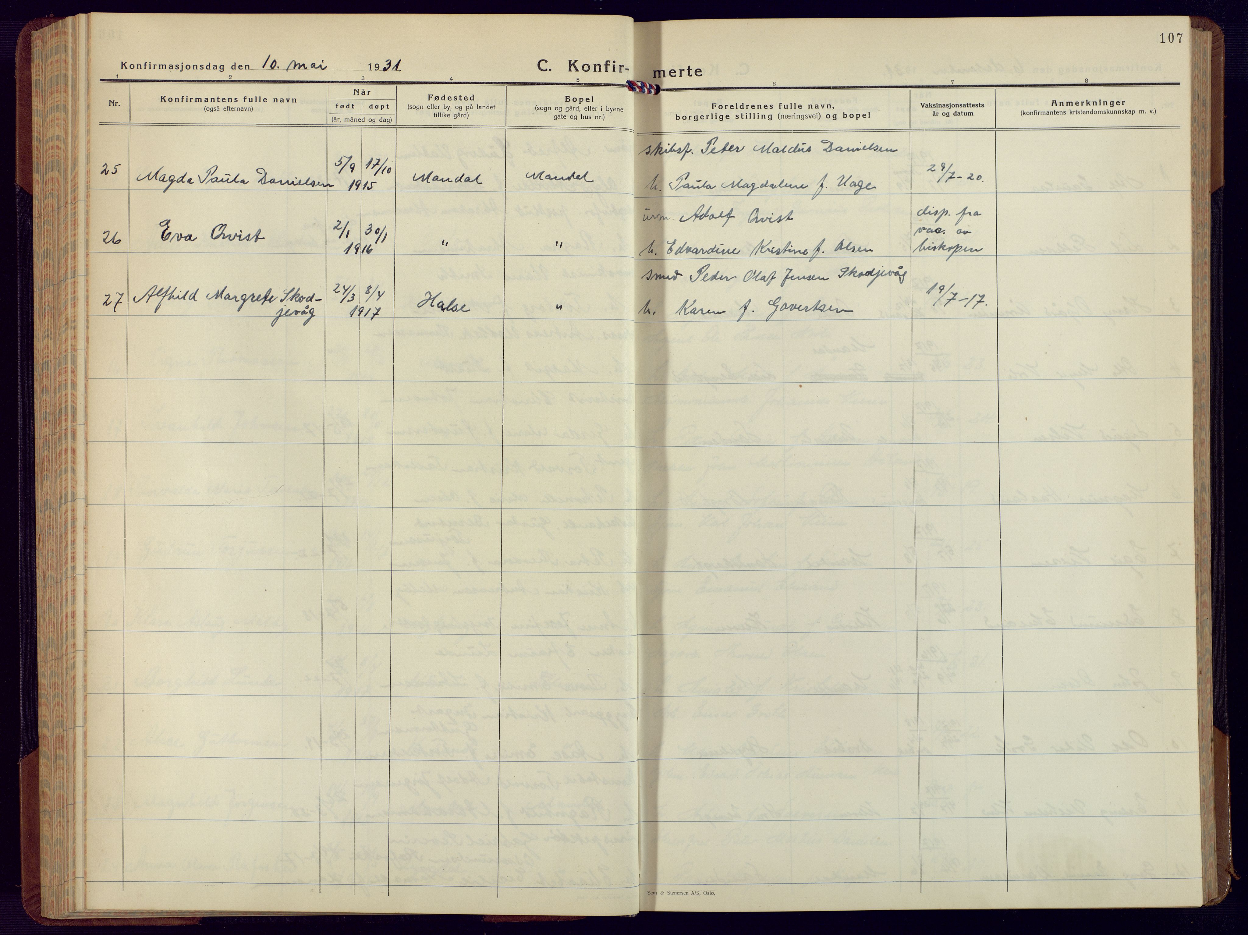 Mandal sokneprestkontor, AV/SAK-1111-0030/F/Fb/Fbc/L0002: Parish register (copy) no. B 2, 1931-1949, p. 107