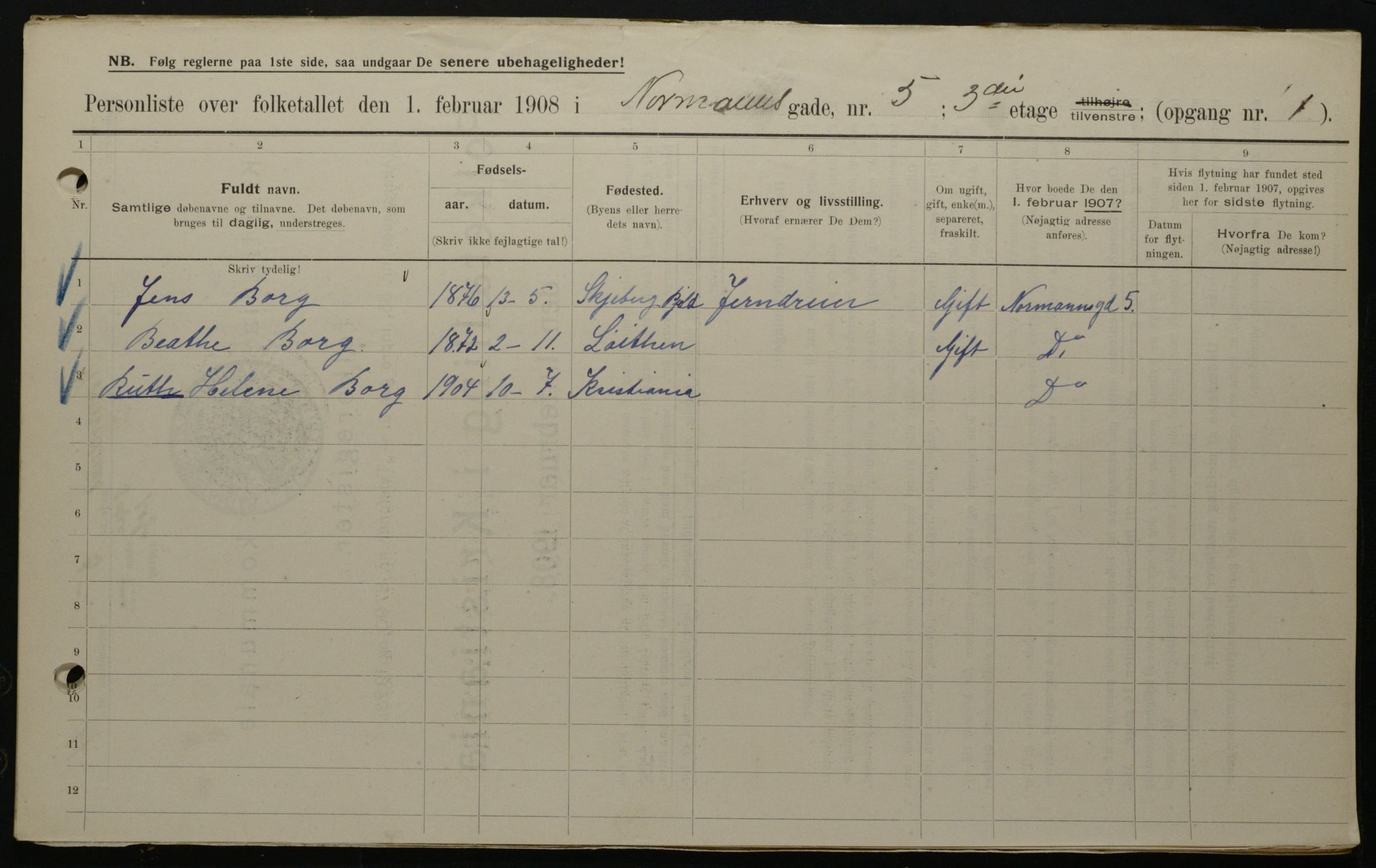 OBA, Municipal Census 1908 for Kristiania, 1908, p. 66027