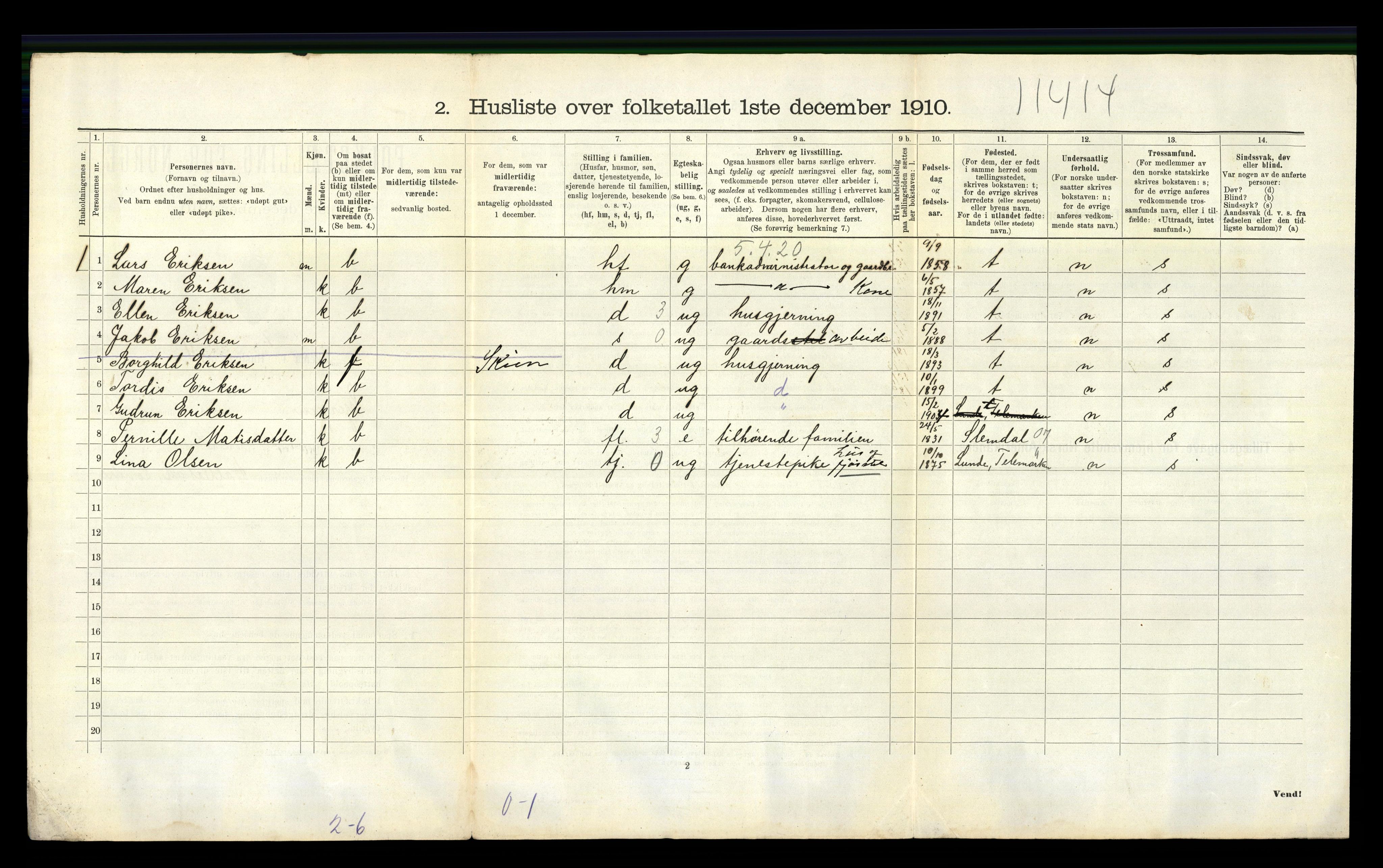 RA, 1910 census for Gjerpen, 1910, p. 1314