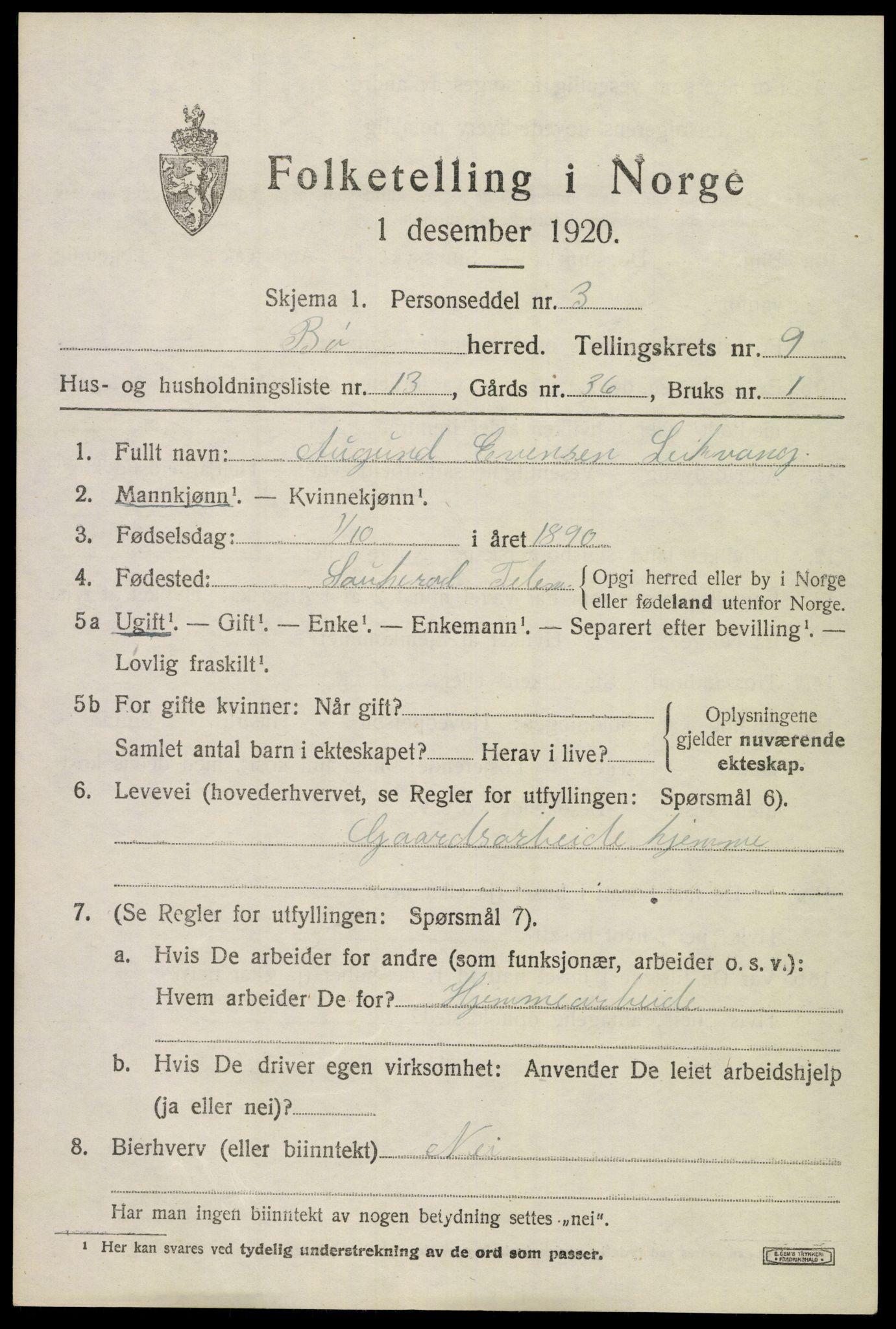 SAKO, 1920 census for Bø (Telemark), 1920, p. 6548