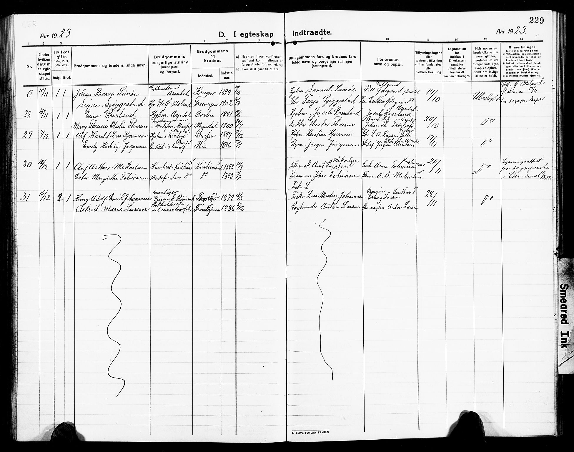 Arendal sokneprestkontor, Trefoldighet, AV/SAK-1111-0040/F/Fb/L0007: Parish register (copy) no. B 7, 1916-1927, p. 229