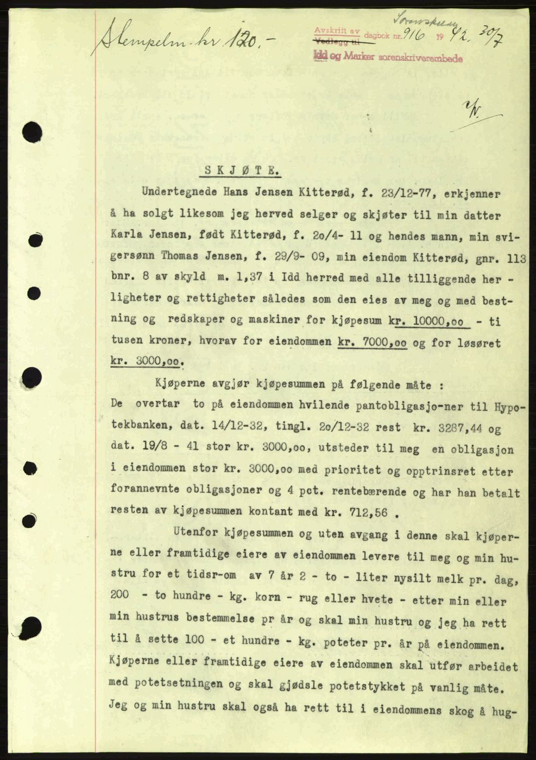 Idd og Marker sorenskriveri, AV/SAO-A-10283/G/Gb/Gbb/L0005: Mortgage book no. A5, 1941-1943, Diary no: : 916/1942