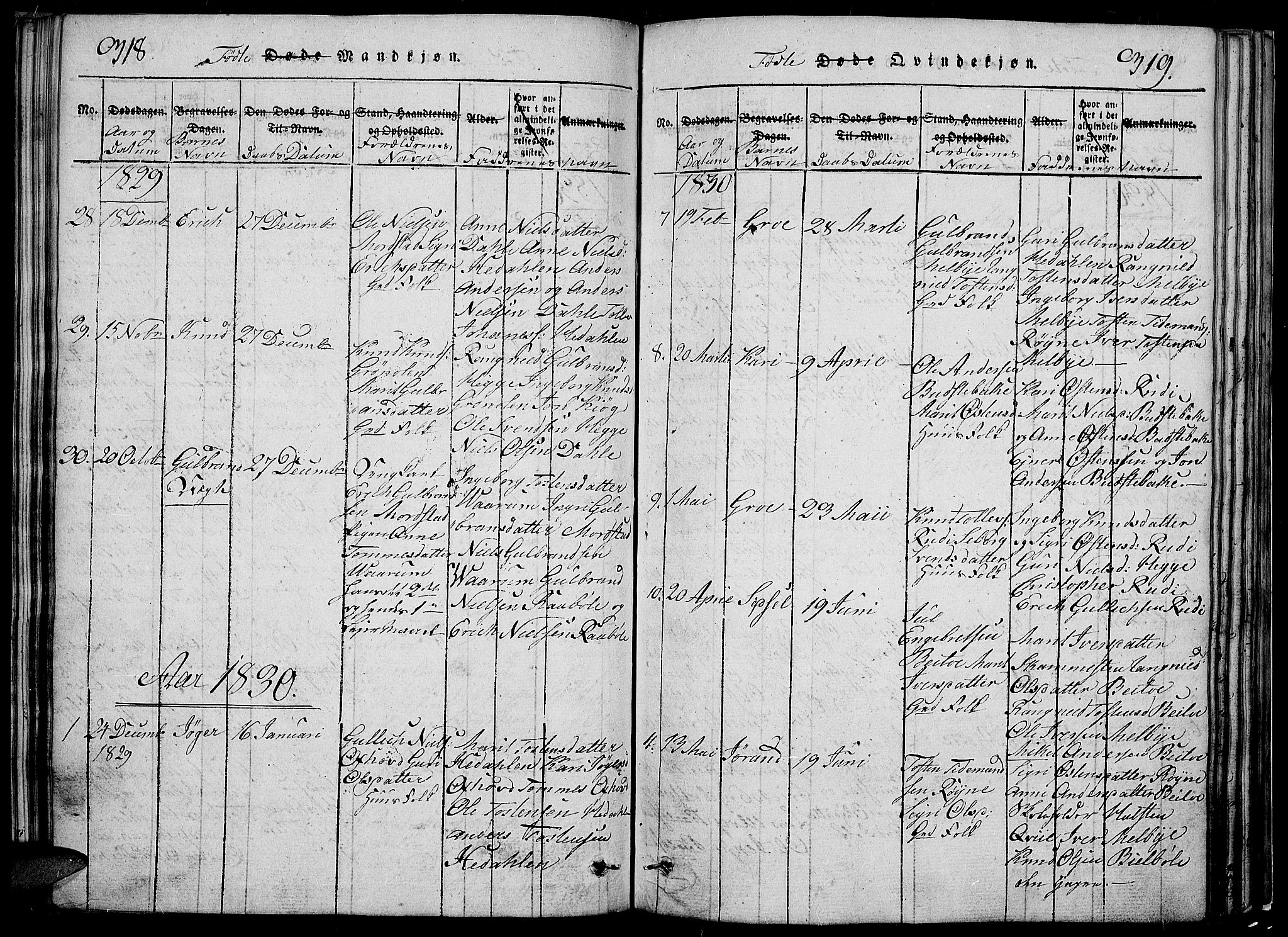 Slidre prestekontor, SAH/PREST-134/H/Ha/Hab/L0002: Parish register (copy) no. 2, 1814-1839, p. 318-319