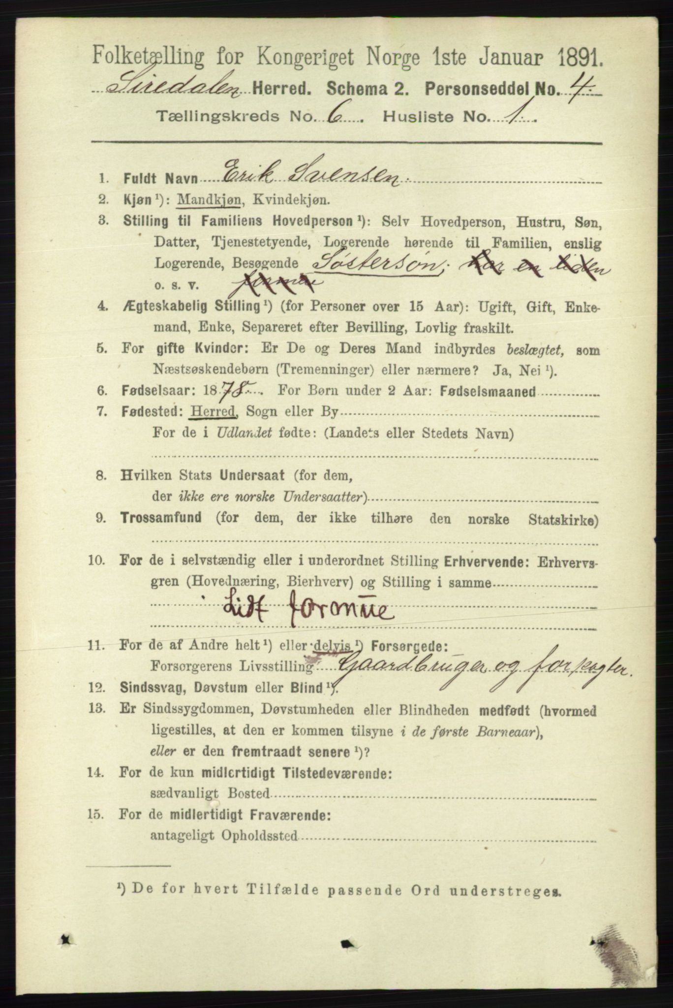 RA, 1891 census for 1046 Sirdal, 1891, p. 1637