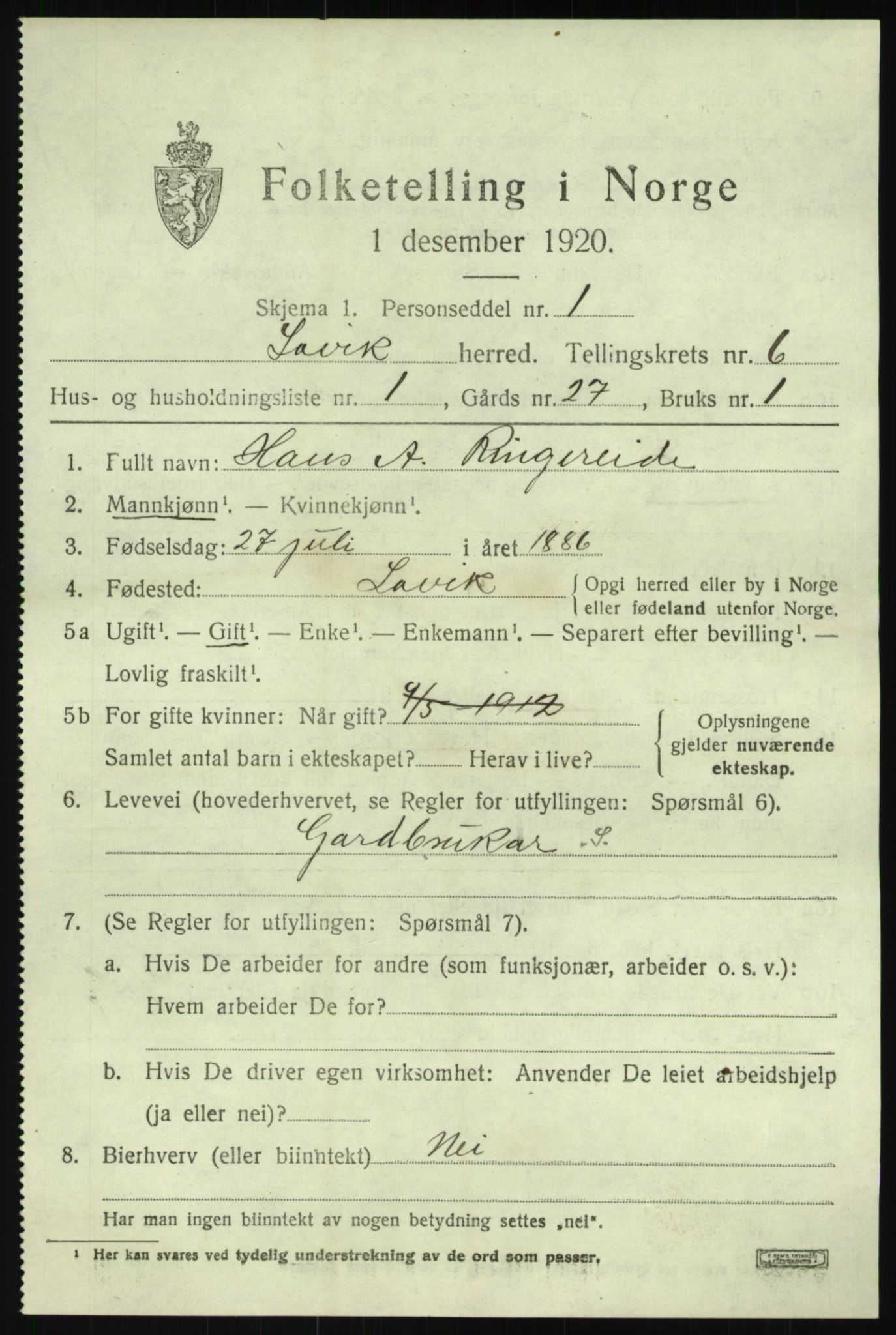 SAB, 1920 census for Lavik, 1920, p. 1330