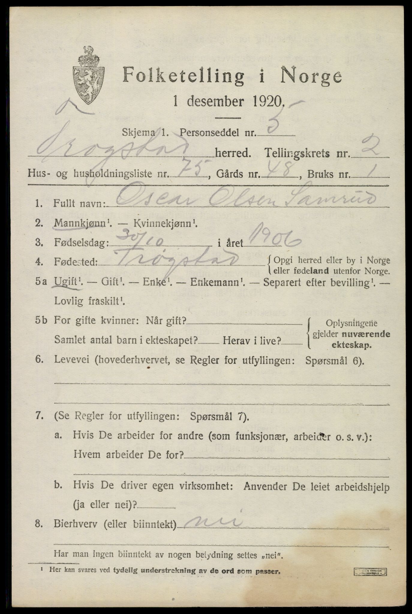 SAO, 1920 census for Trøgstad, 1920, p. 3122