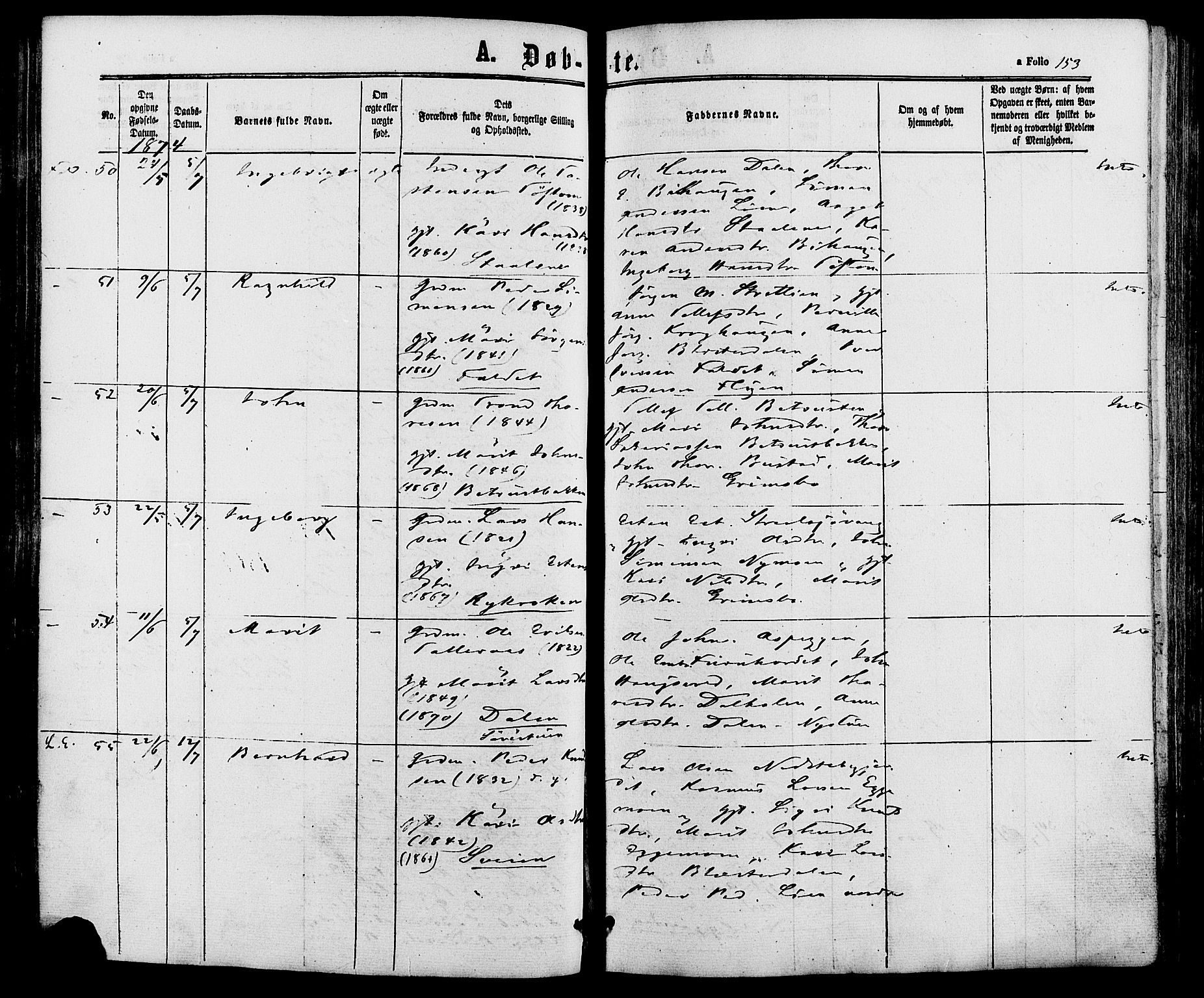 Alvdal prestekontor, AV/SAH-PREST-060/H/Ha/Haa/L0001: Parish register (official) no. 1, 1863-1882, p. 153