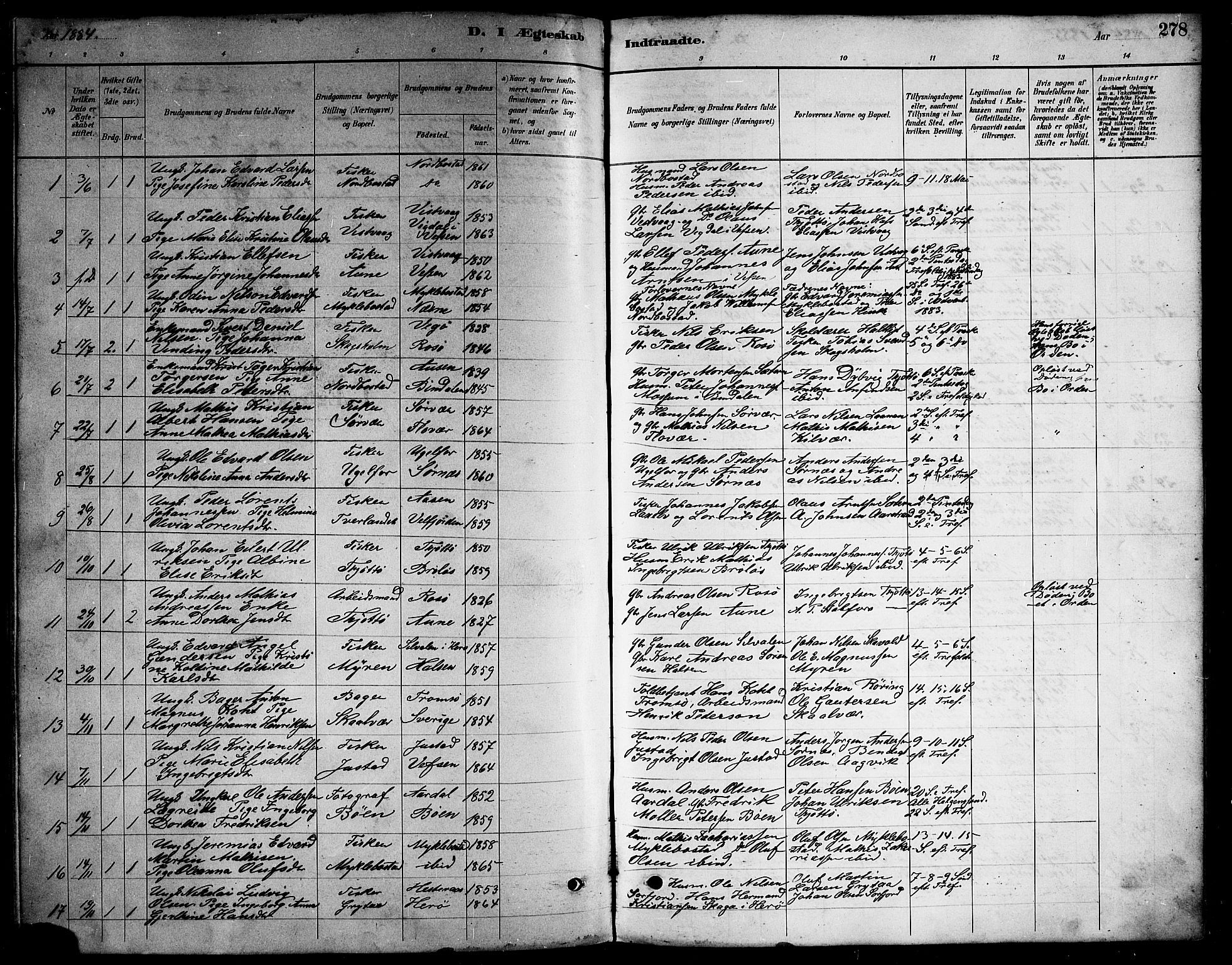 Ministerialprotokoller, klokkerbøker og fødselsregistre - Nordland, AV/SAT-A-1459/817/L0268: Parish register (copy) no. 817C03, 1884-1920, p. 278