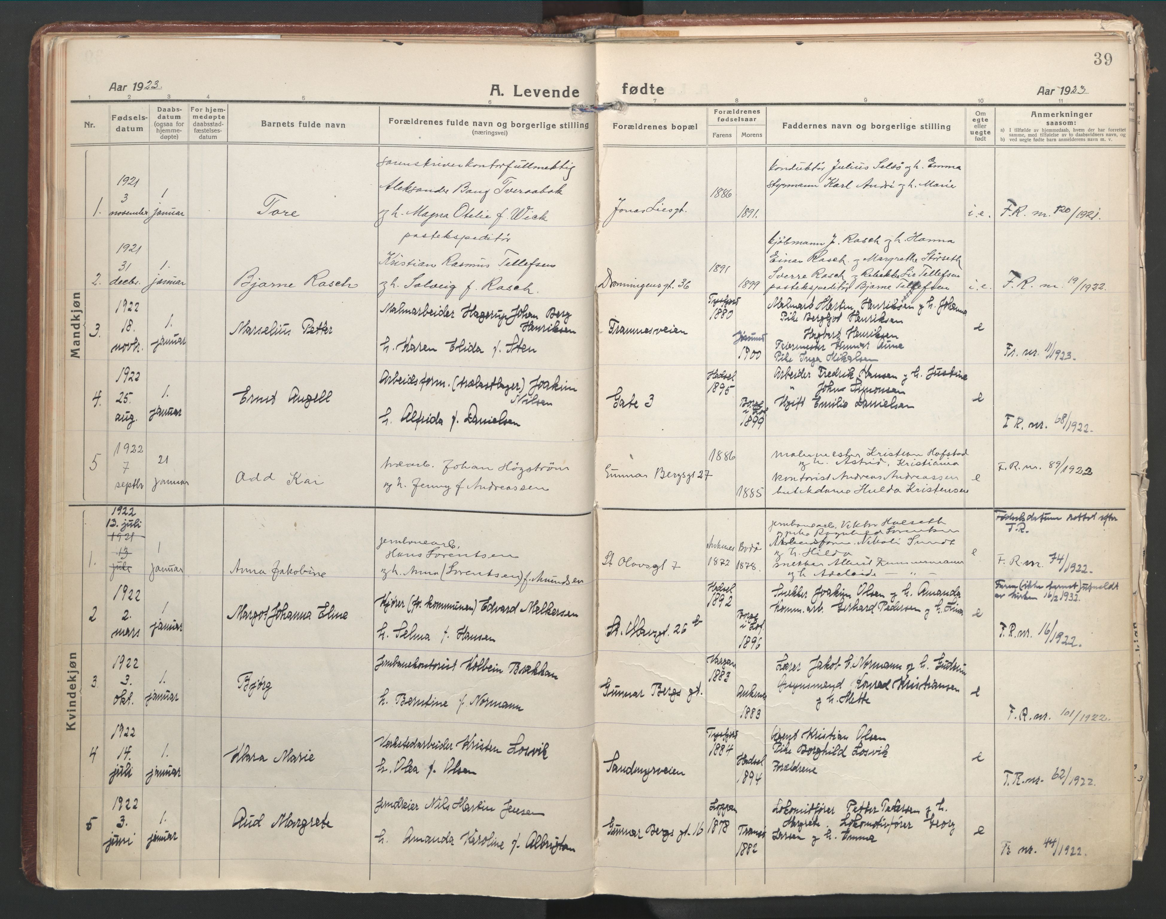 Ministerialprotokoller, klokkerbøker og fødselsregistre - Nordland, AV/SAT-A-1459/871/L1003: Parish register (official) no. 871A19, 1921-1930, p. 39