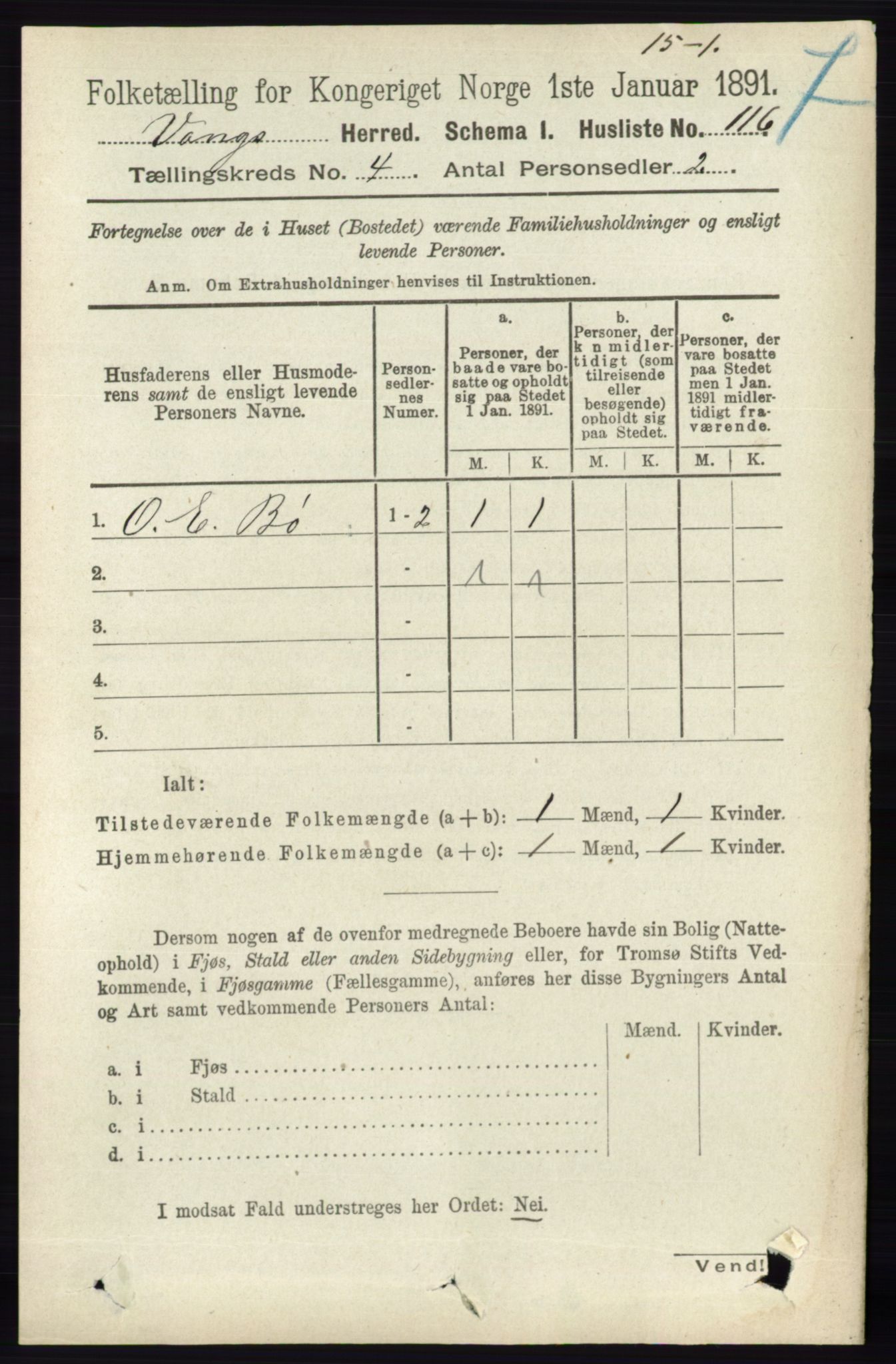 RA, 1891 census for 0414 Vang, 1891, p. 2745