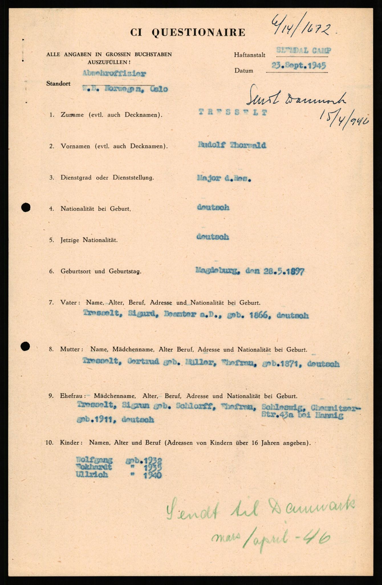 Forsvaret, Forsvarets overkommando II, AV/RA-RAFA-3915/D/Db/L0034: CI Questionaires. Tyske okkupasjonsstyrker i Norge. Tyskere., 1945-1946, p. 73