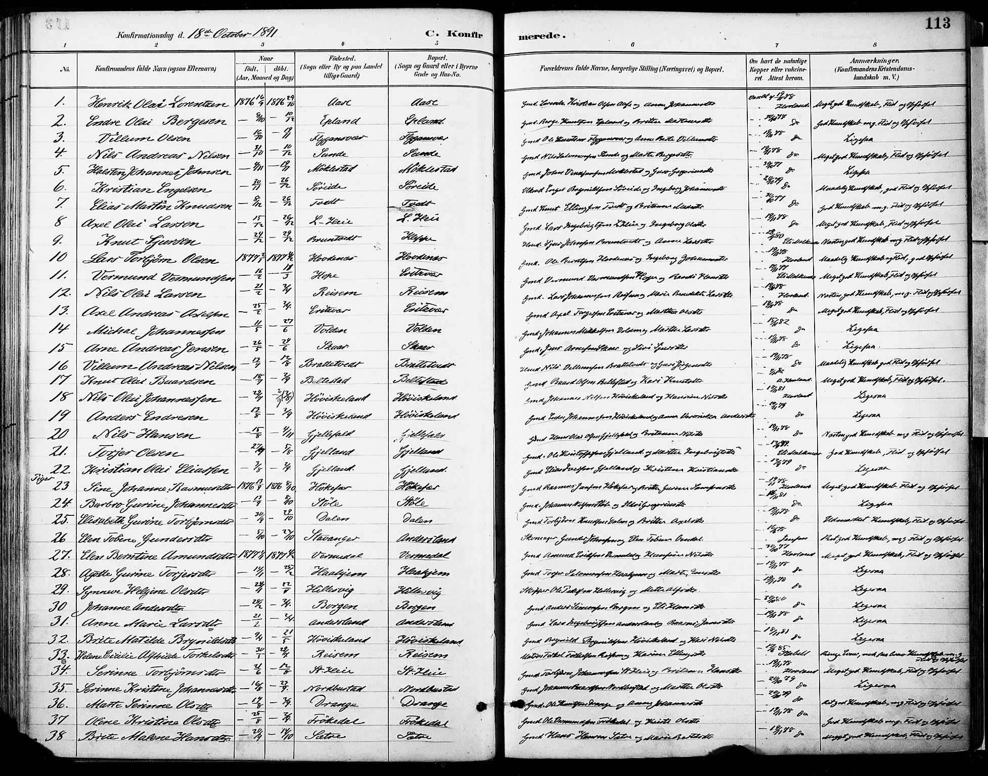 Tysnes sokneprestembete, AV/SAB-A-78601/H/Haa: Parish register (official) no. D 1, 1887-1904, p. 113