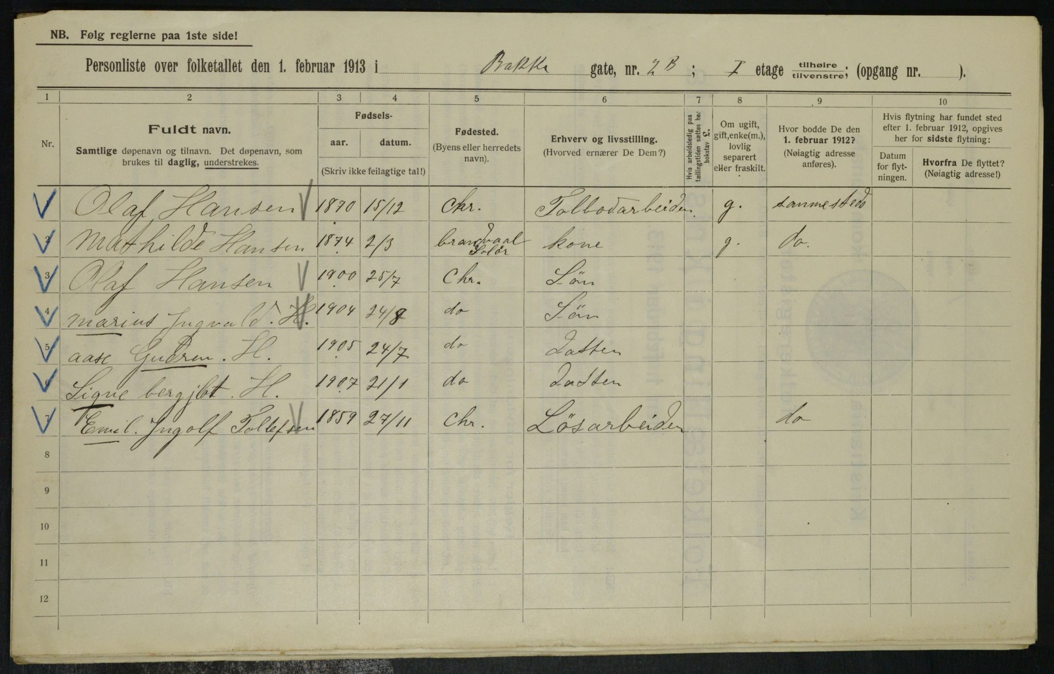 OBA, Municipal Census 1913 for Kristiania, 1913, p. 2515