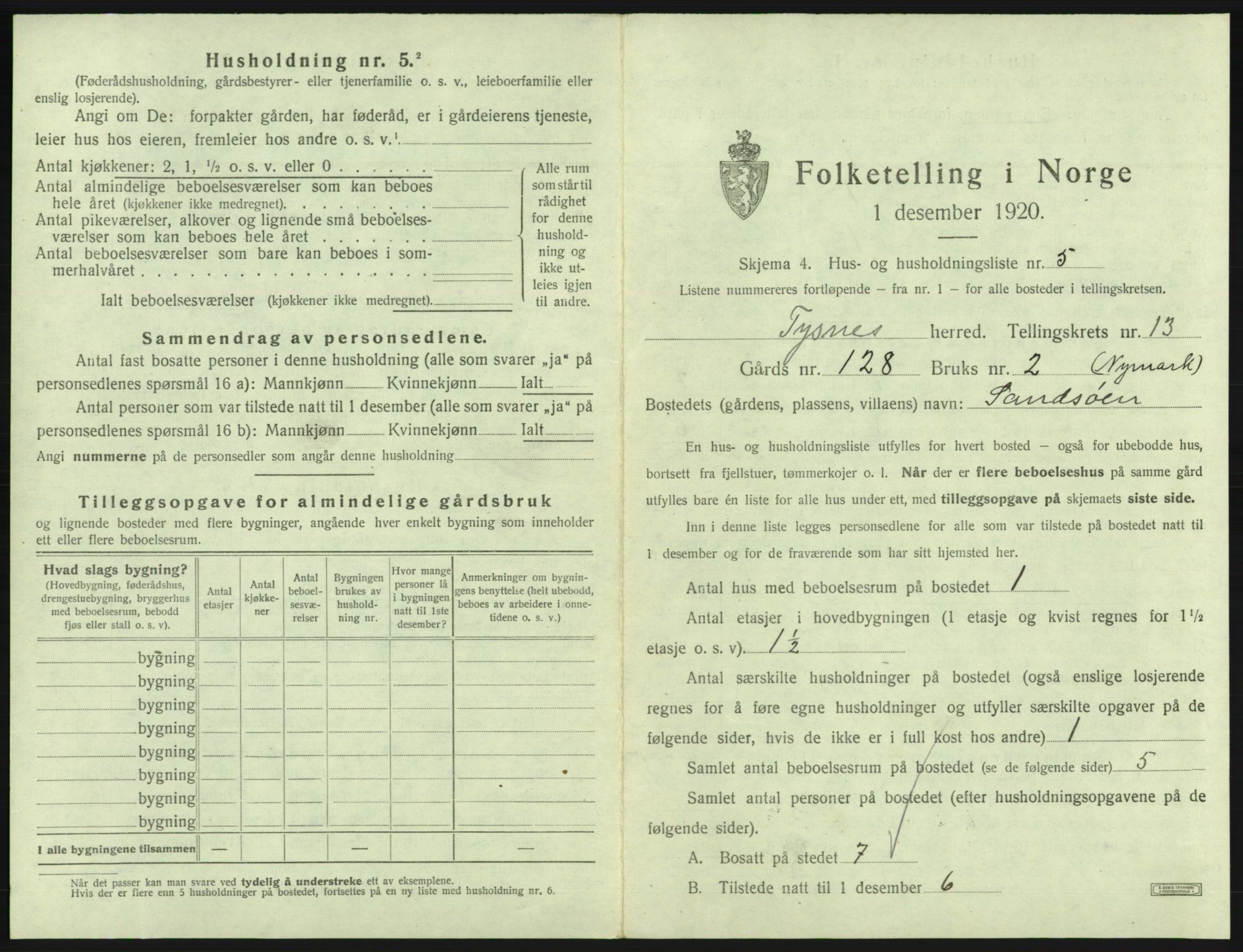 SAB, 1920 census for Tysnes, 1920, p. 1248