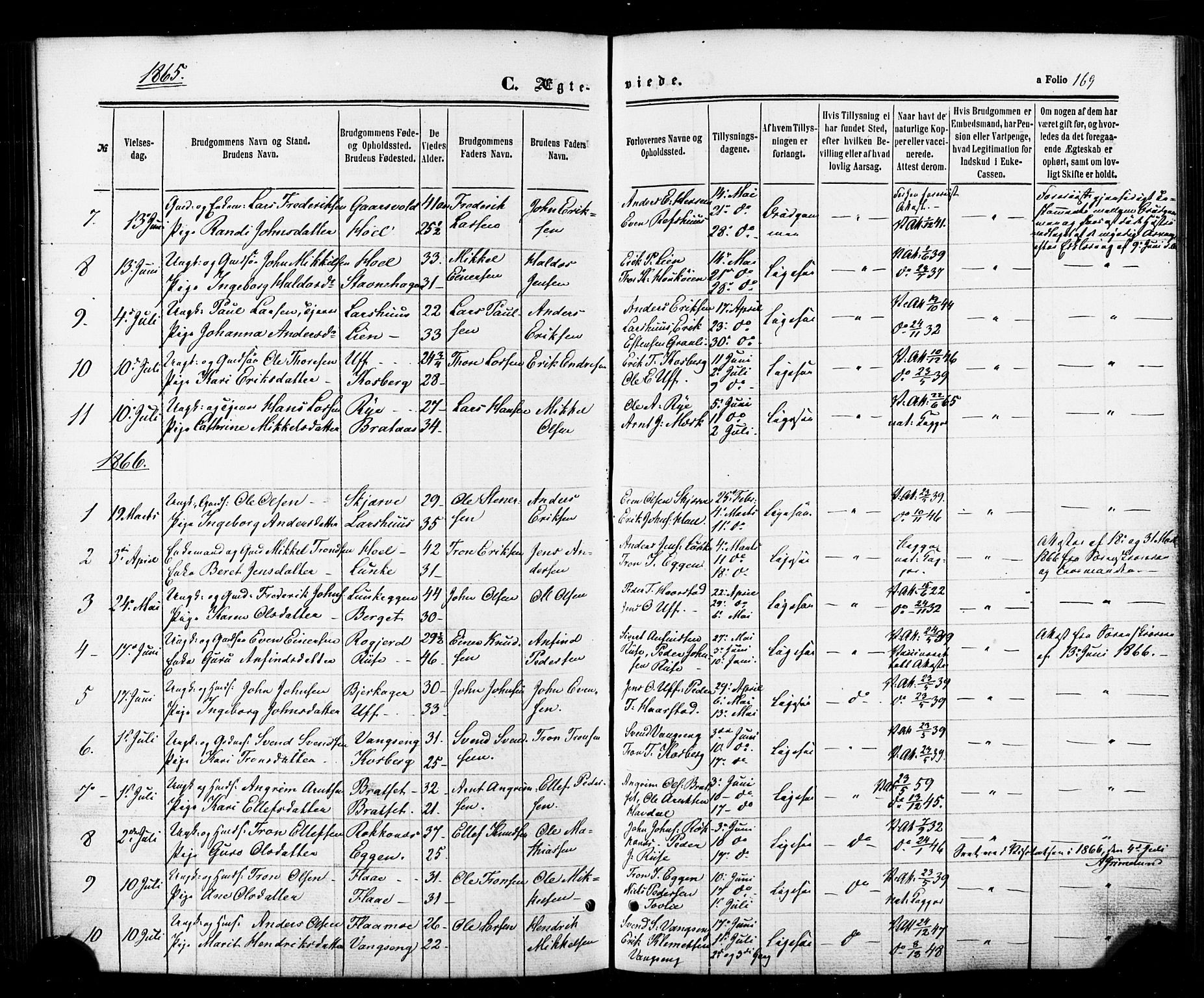 Ministerialprotokoller, klokkerbøker og fødselsregistre - Sør-Trøndelag, SAT/A-1456/674/L0870: Parish register (official) no. 674A02, 1861-1879, p. 169