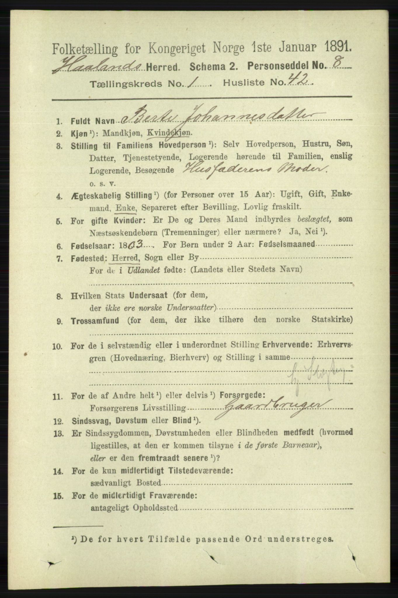 RA, 1891 census for 1124 Haaland, 1891, p. 425