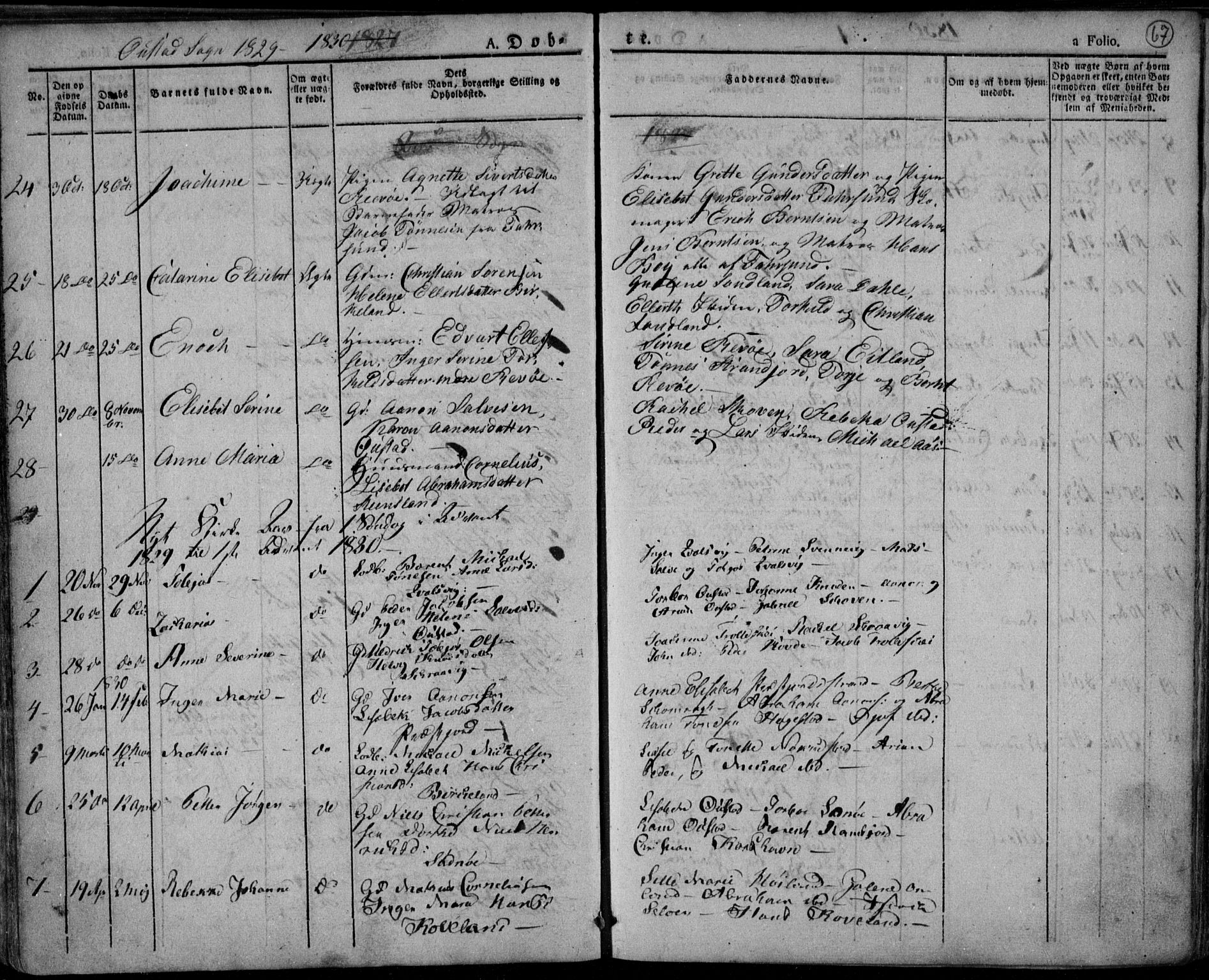 Lyngdal sokneprestkontor, AV/SAK-1111-0029/F/Fa/Fac/L0007: Parish register (official) no. A 7, 1825-1838, p. 67