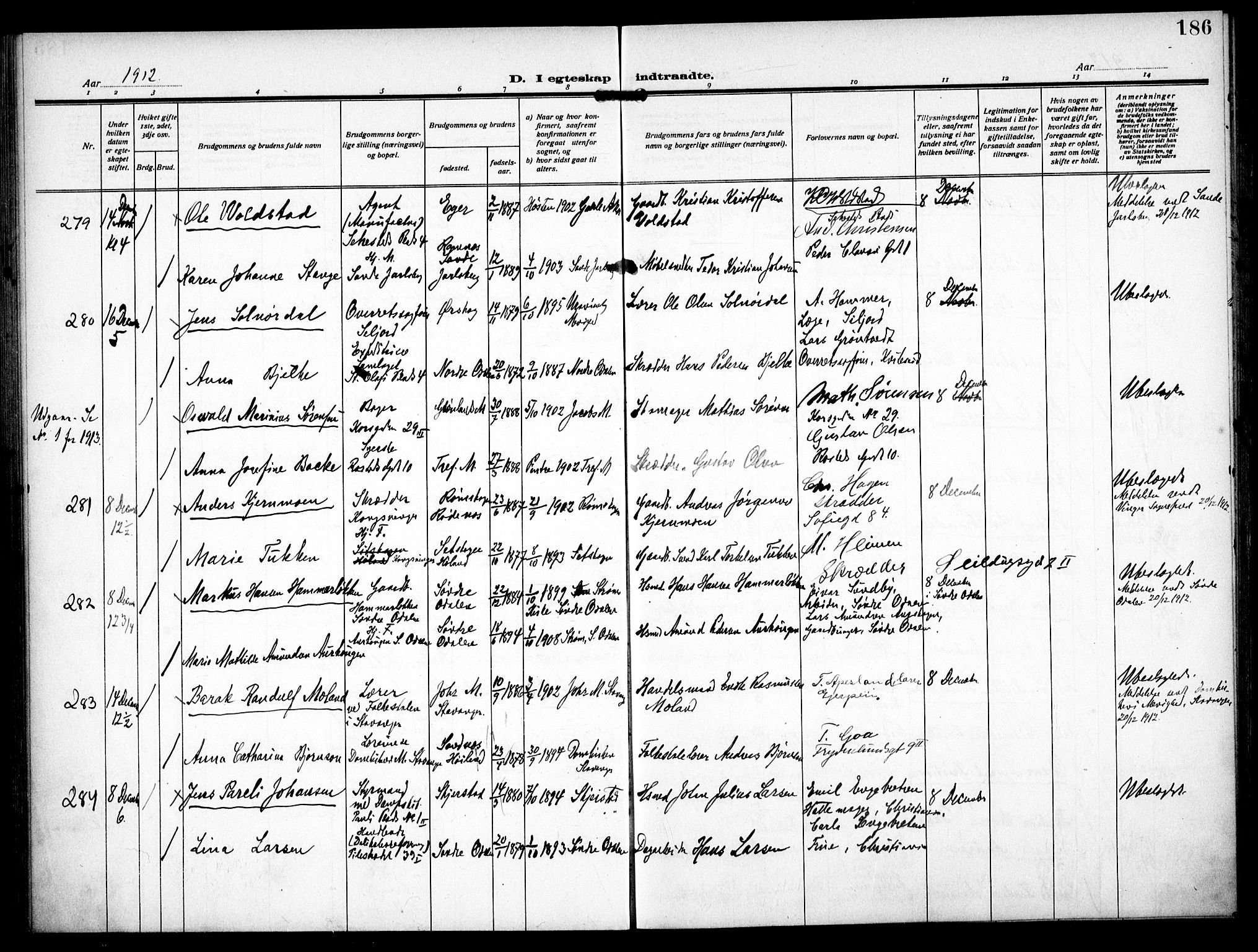 Trefoldighet prestekontor Kirkebøker, AV/SAO-A-10882/F/Fc/L0006: Parish register (official) no. III 6, 1908-1914, p. 186
