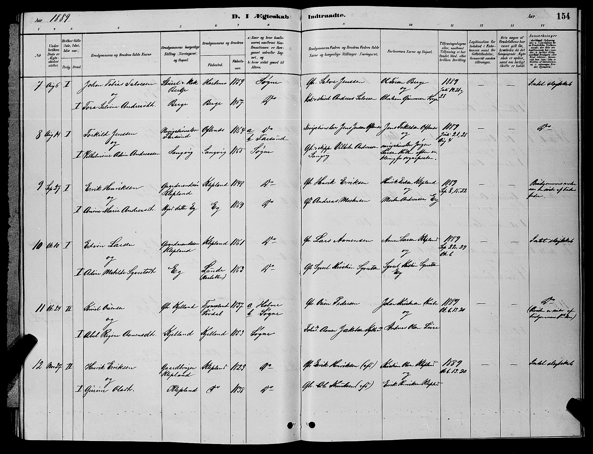 Søgne sokneprestkontor, SAK/1111-0037/F/Fb/Fbb/L0005: Parish register (copy) no. B 5, 1884-1891, p. 154