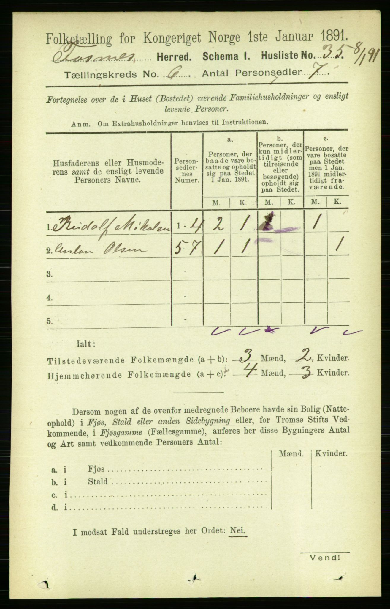 RA, 1891 census for 1748 Fosnes, 1891, p. 2754