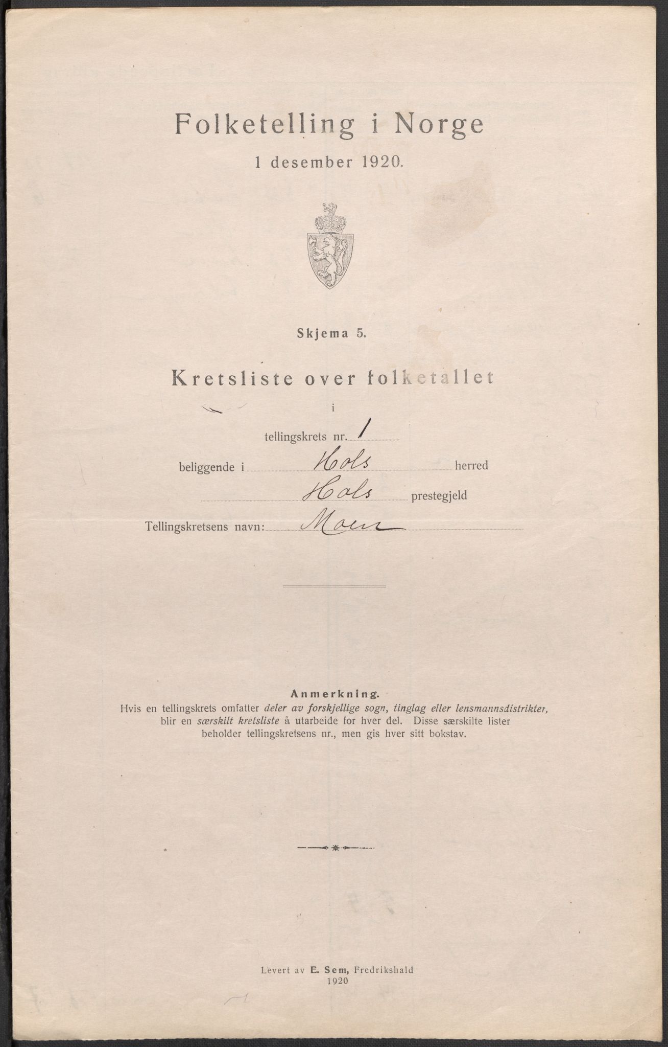 SAKO, 1920 census for Hol (Buskerud), 1920, p. 12