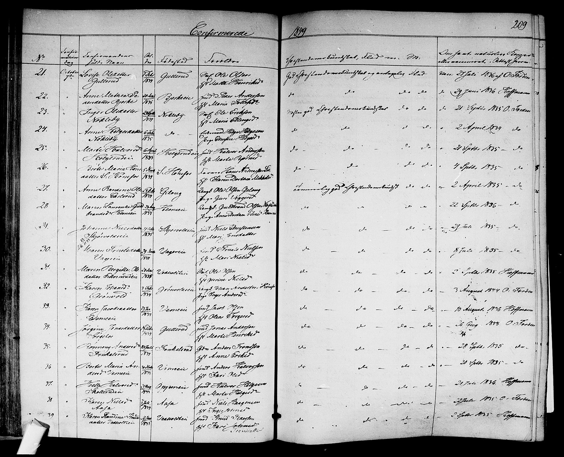 Norderhov kirkebøker, AV/SAKO-A-237/F/Fa/L0011: Parish register (official) no. 11, 1847-1856, p. 209