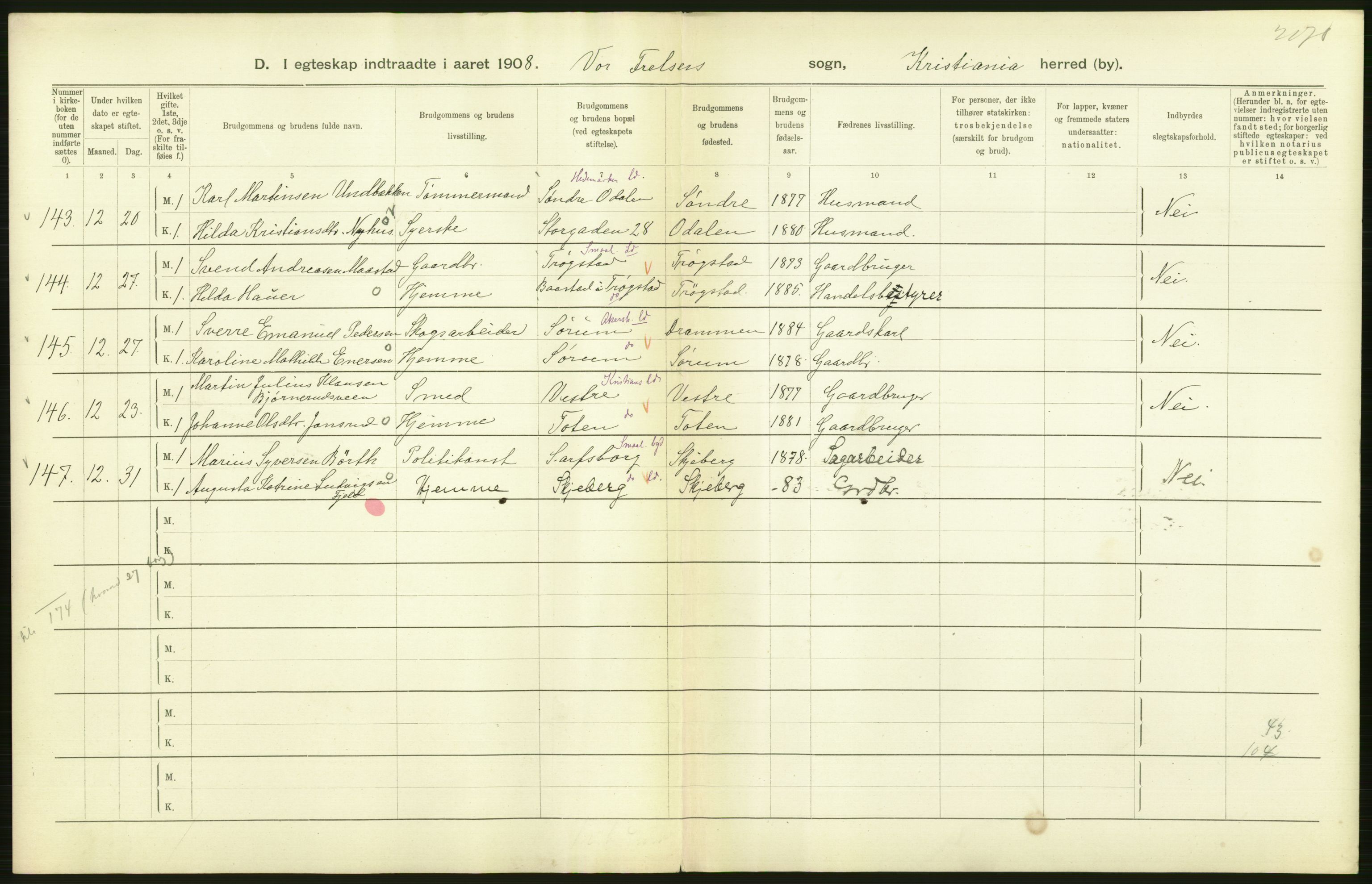 Statistisk sentralbyrå, Sosiodemografiske emner, Befolkning, AV/RA-S-2228/D/Df/Dfa/Dfaf/L0007: Kristiania: Gifte, 1908, p. 136