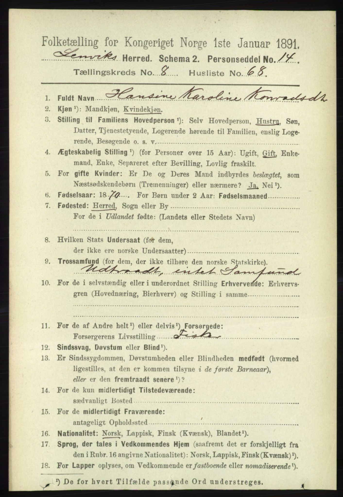 RA, 1891 census for 1931 Lenvik, 1891, p. 4857