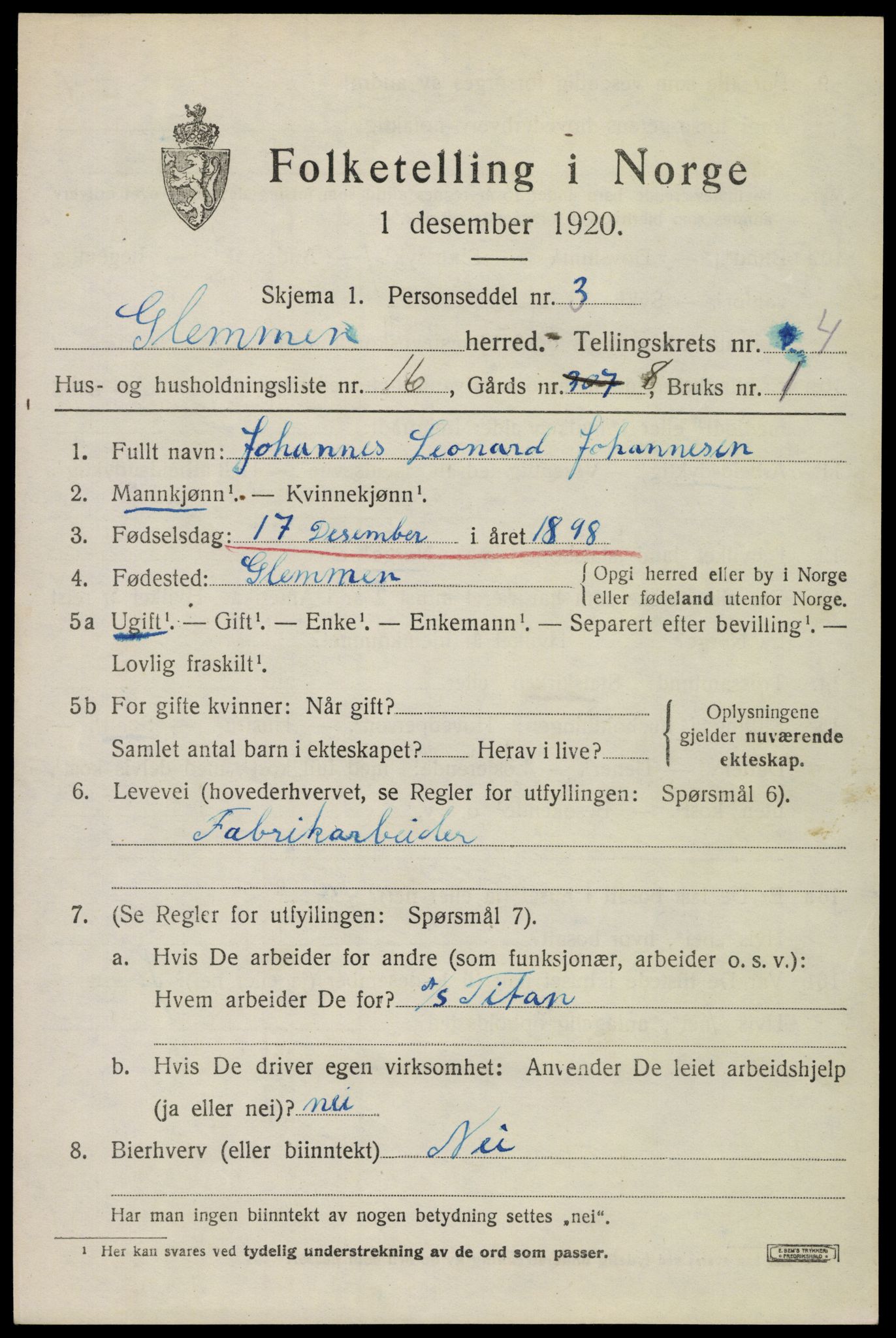 SAO, 1920 census for Glemmen, 1920, p. 15357