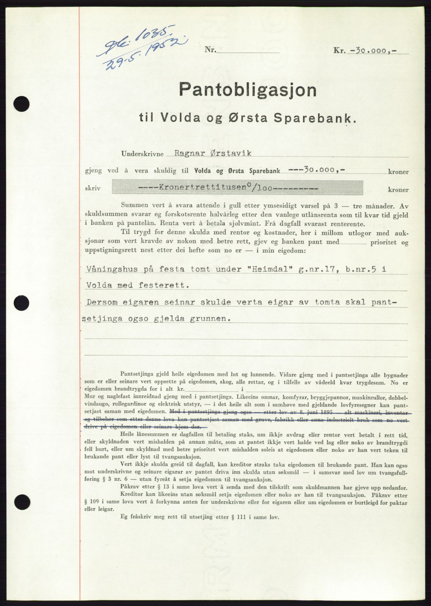 Søre Sunnmøre sorenskriveri, AV/SAT-A-4122/1/2/2C/L0121: Mortgage book no. 9B, 1951-1952, Diary no: : 1035/1952