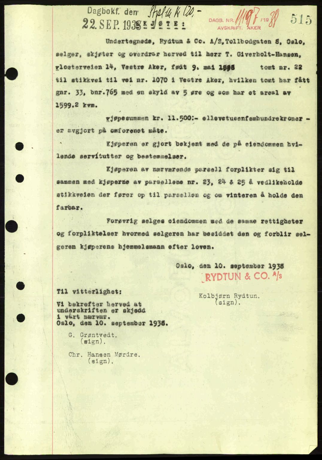 Aker herredsskriveri, SAO/A-10896/G/Gb/Gba/Gbab/L0025: Mortgage book no. A154-155, 1938-1938, Diary no: : 11197/1938