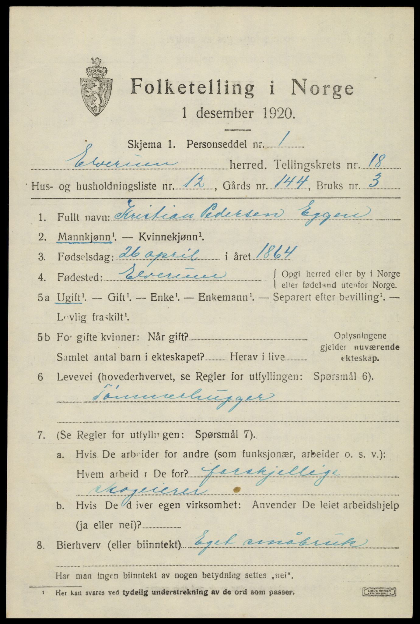 SAH, 1920 census for Elverum, 1920, p. 22204